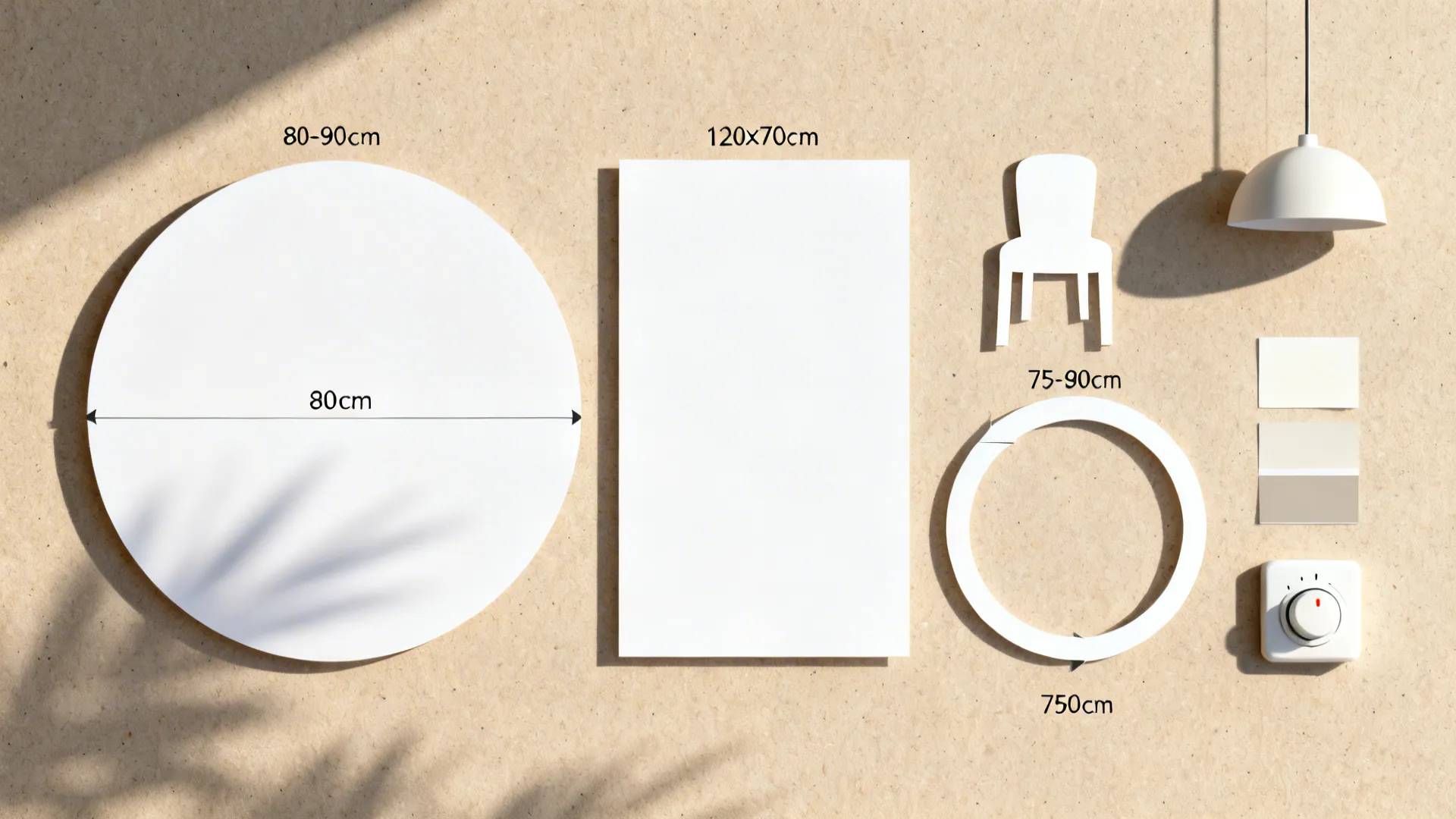 Flat lay with scaled table shapes, chair icons, circulation ring, paint swatch, and pendant canopy.