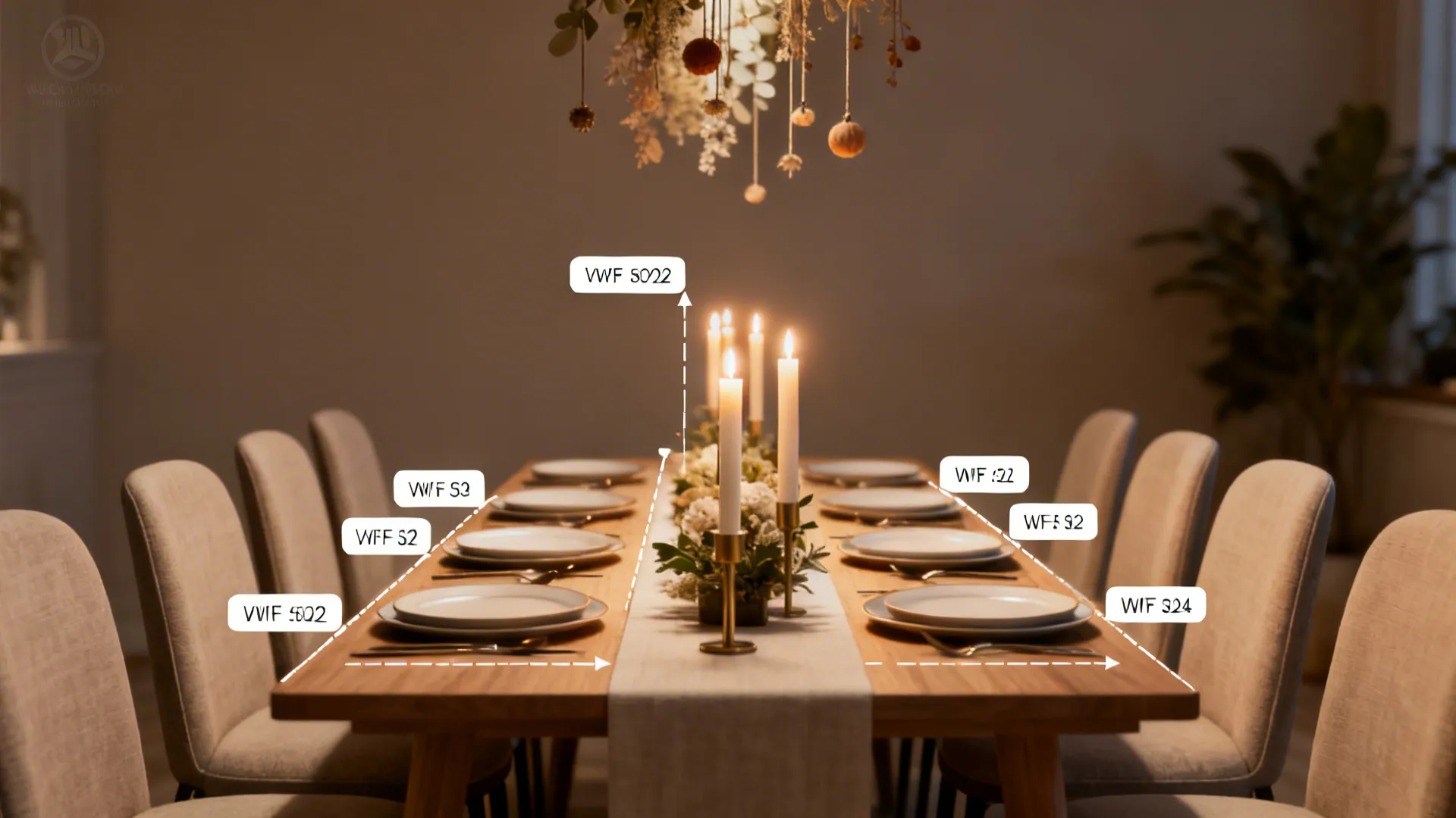 Wooden dining table with plates and candles showing seating measurement guidelines using white arrow labels
