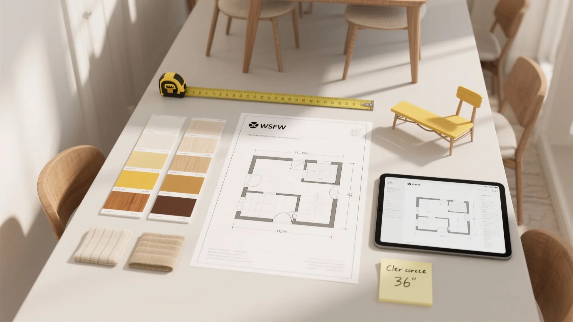 Table with floor plan drawing color samples tape measure and tablet showing a room layout design