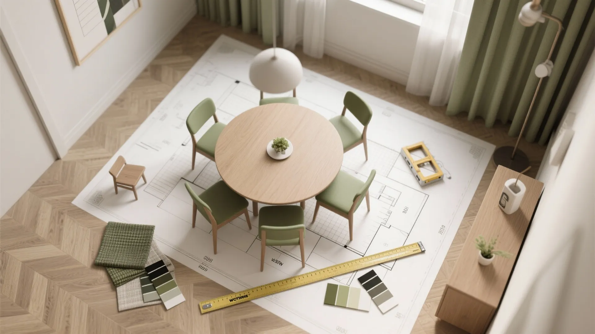 Dining room floor plan layout with round wooden table green chairs ruler and color paint samples