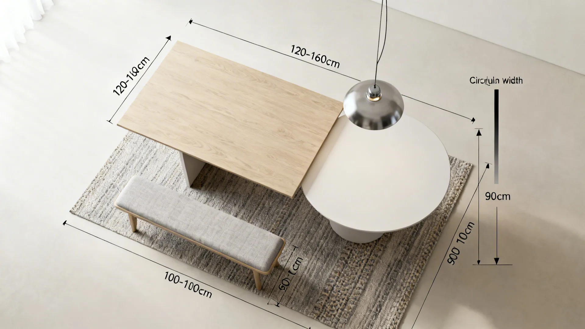 Top view room layout showing wooden table and round white table with specific furniture size measurements