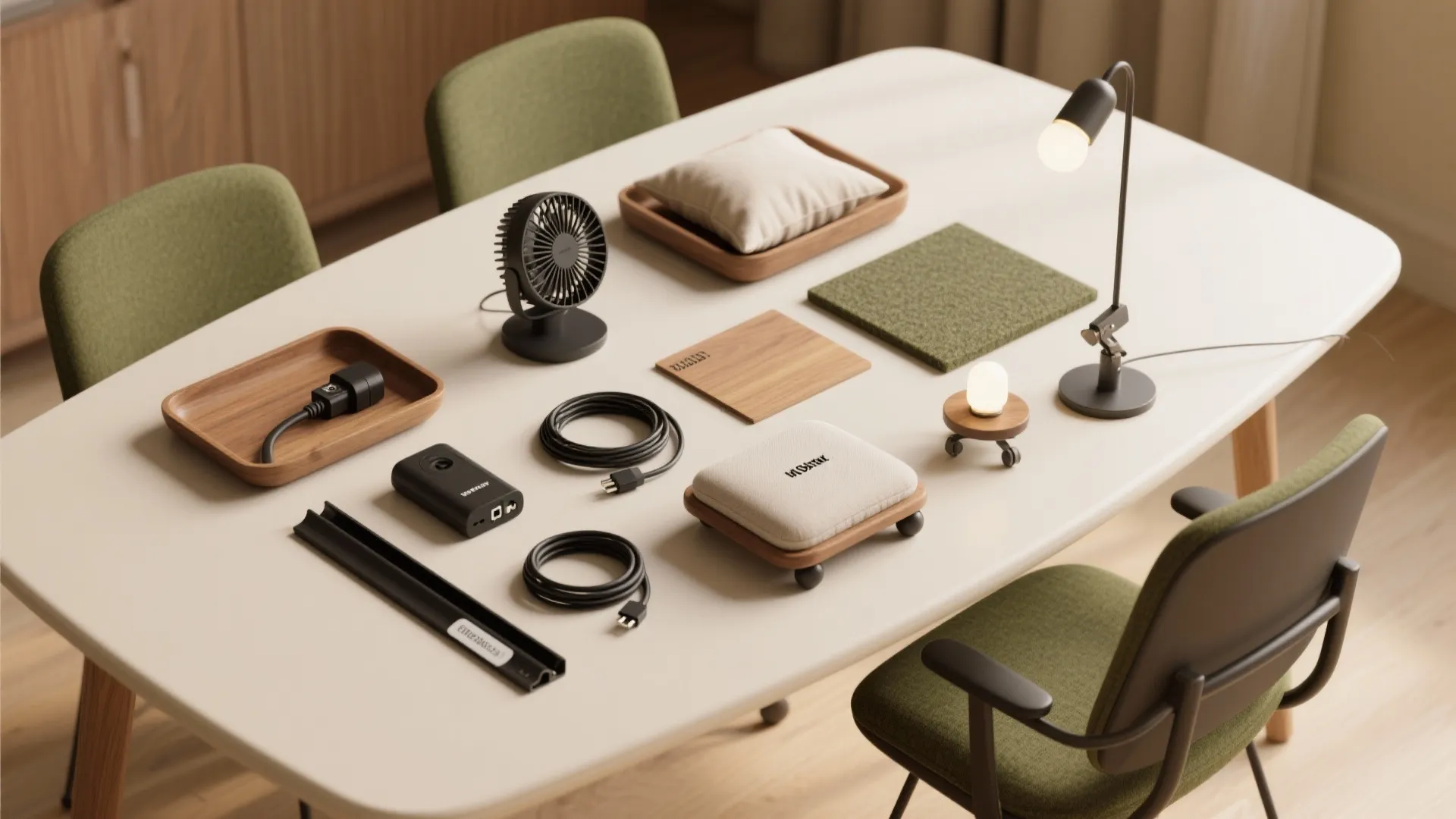 White table with green chairs featuring desk lamp small fan and several black power cables