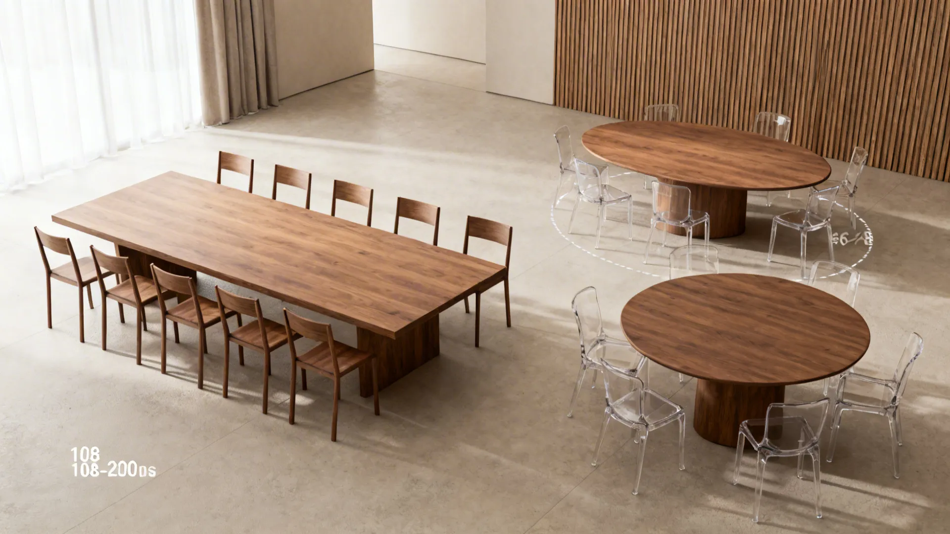 Dining layouts showing rectangular and round-to-oval tables with clear circulation and seating for ten.