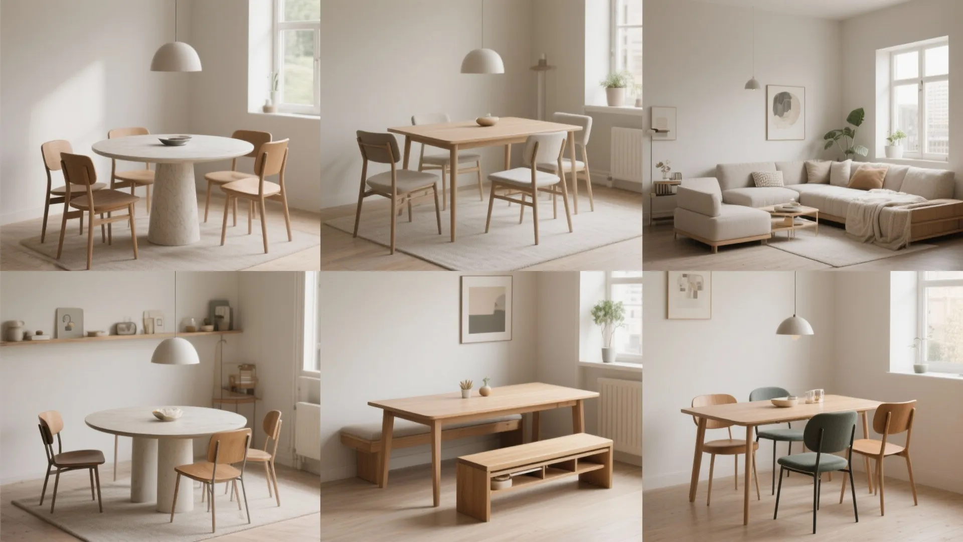 Gallery of compact dining solutions including round table, extendable table, bench, and mixed chairs.