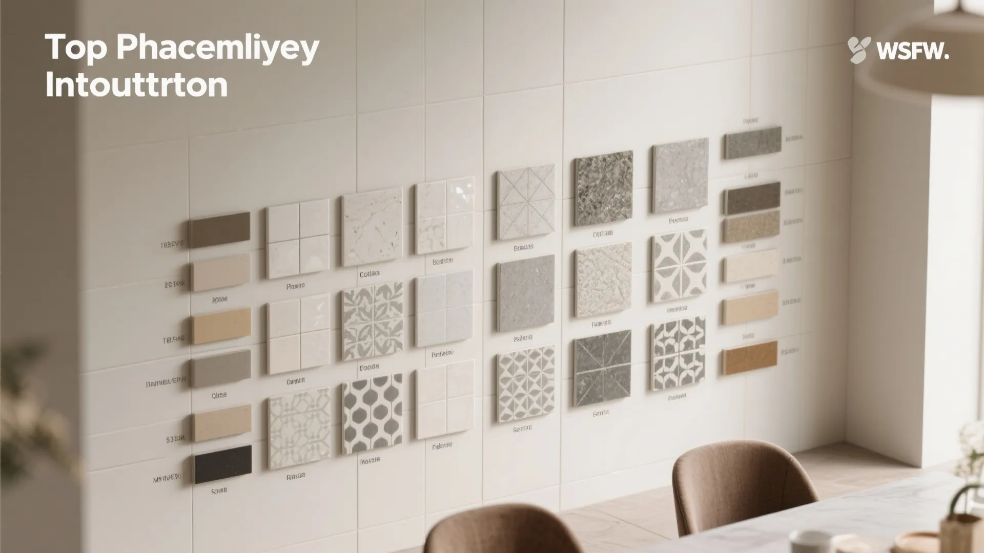 Dining room wall display featuring various square and rectangular tile samples in many different colors