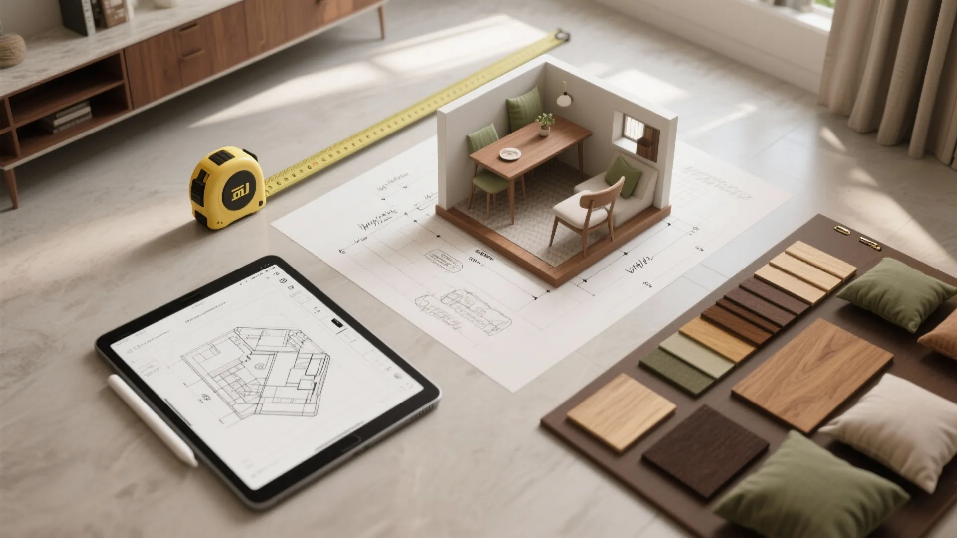 Interior design drawing on tablet next to physical room model and material color sample board