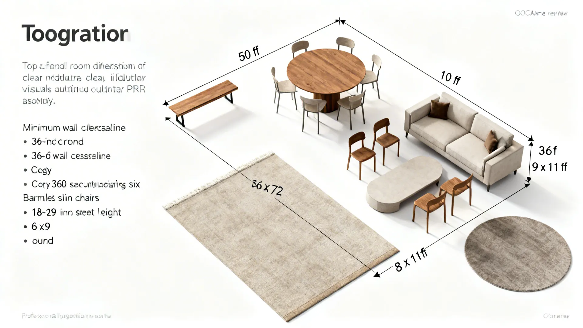 Top-down visuals summarizing six-seat dining room FAQs on sizes, clearances, and rug choices.