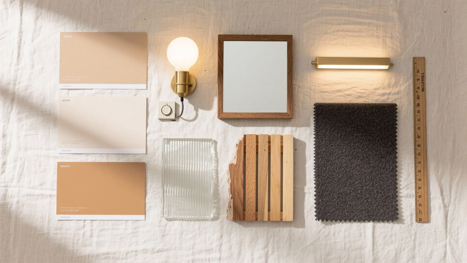 Interior design mood board with paint cards, wood samples, fabric, light fixture, and wooden ruler