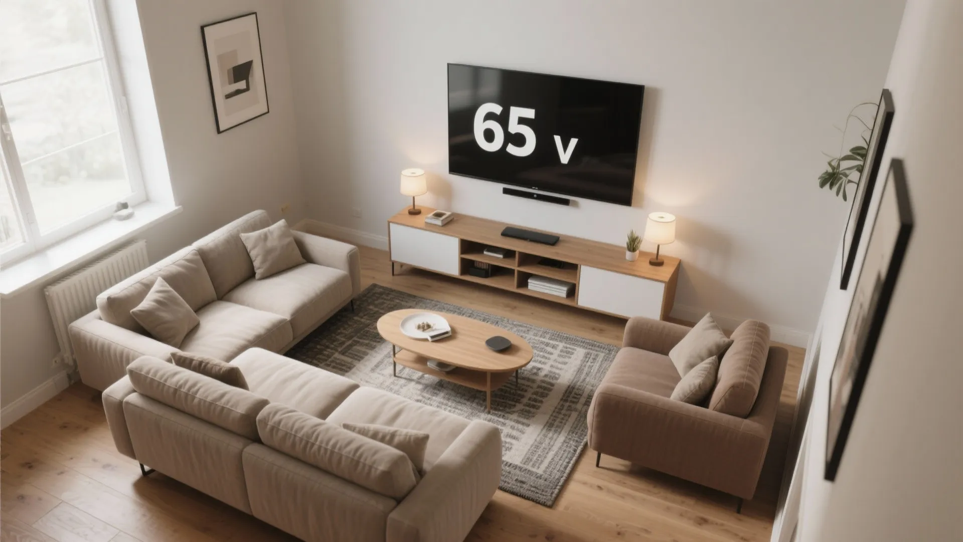 Cozy living room with beige sofas wooden coffee table television two small lamps and grey rug
