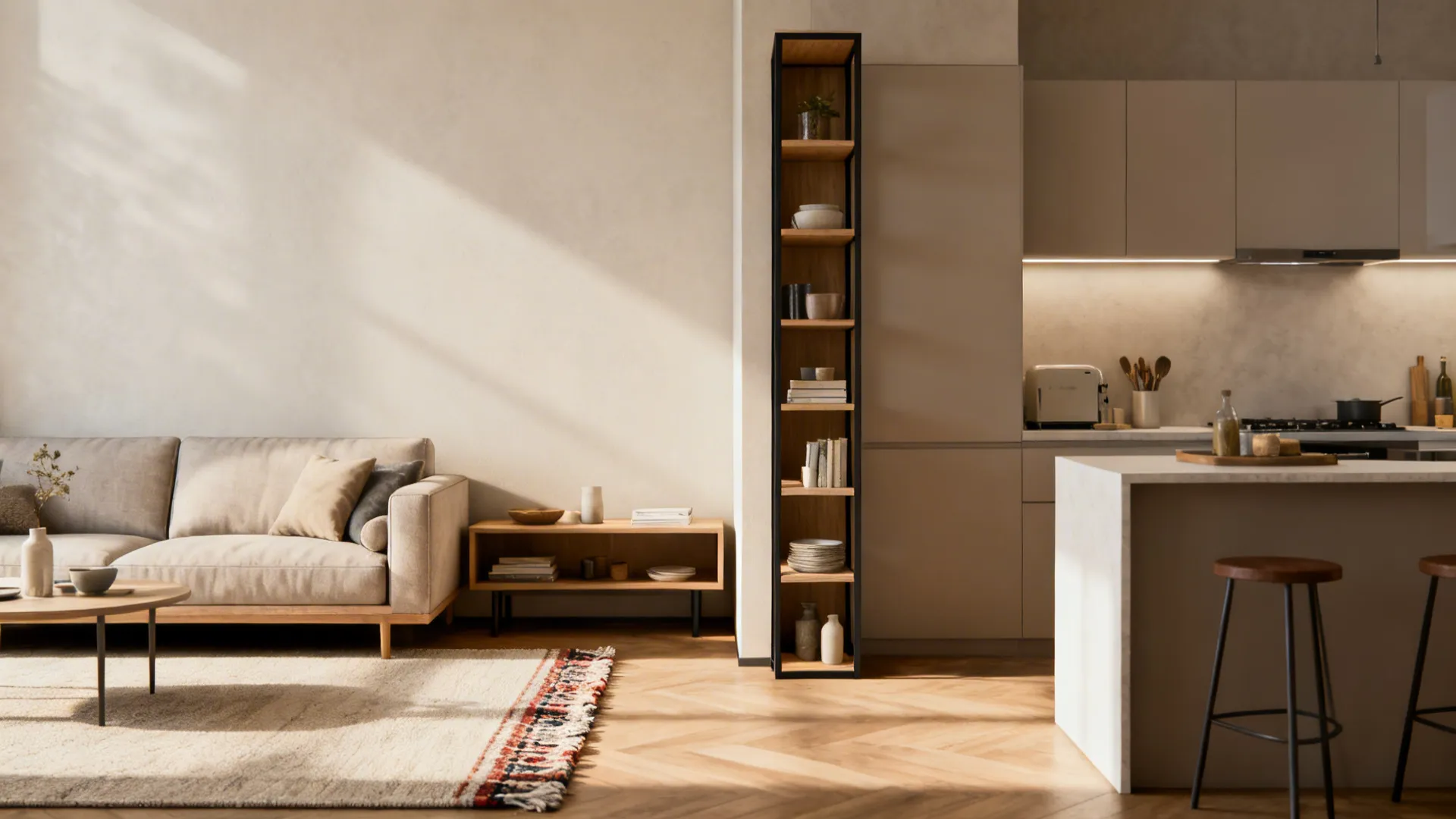 Compact apartment vignette showing affordable divider options like rugs, console, and freestanding shelving