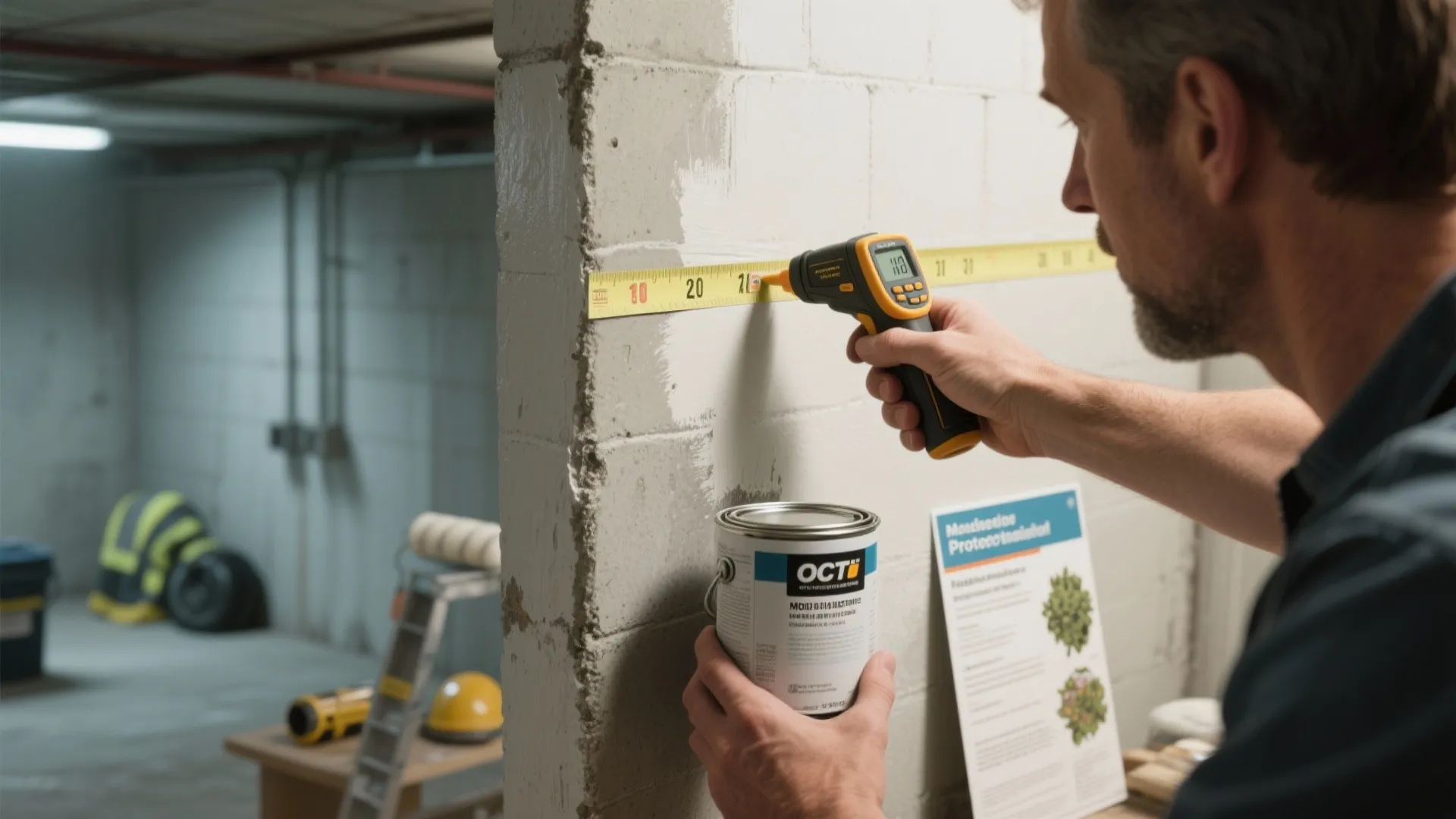 Man holding a yellow measuring tool and a paint can while working on a wall