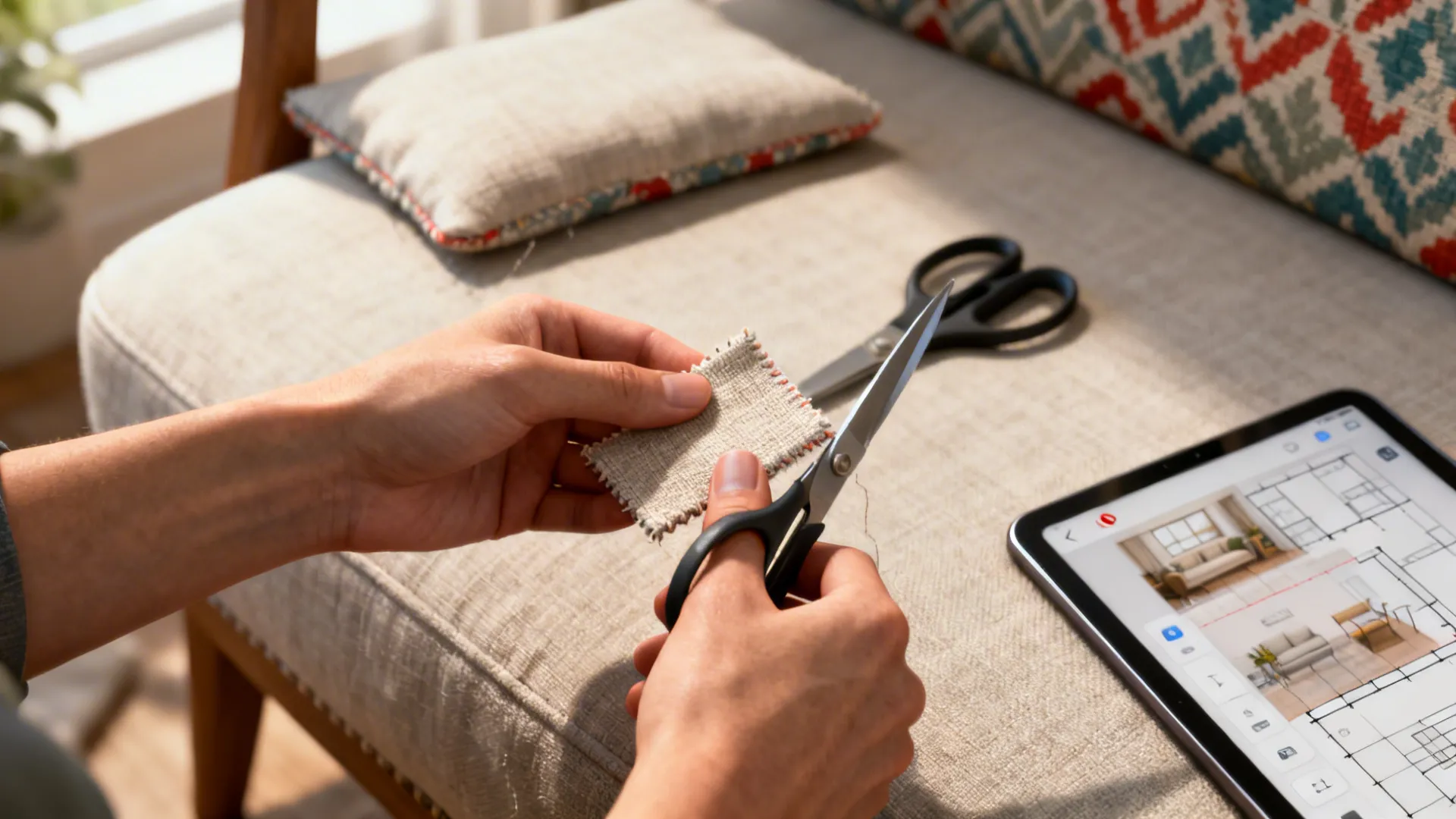 Hands reupholstering a cushion and a tablet showing a room planner mockup for budget tips.