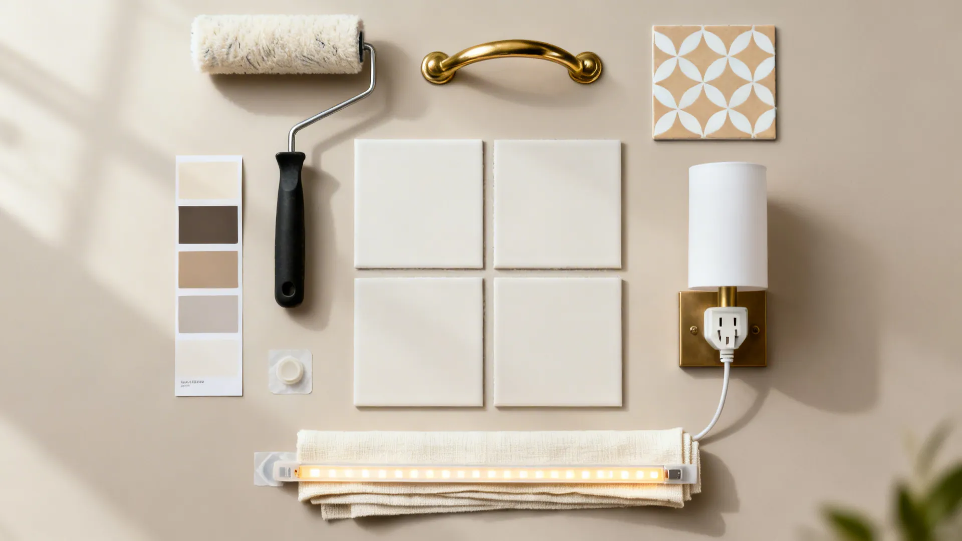 Top-down layout of DIY kitchen elements: paint, hardware, peel-and-stick tile, sconce, LED strip, and rug sample.