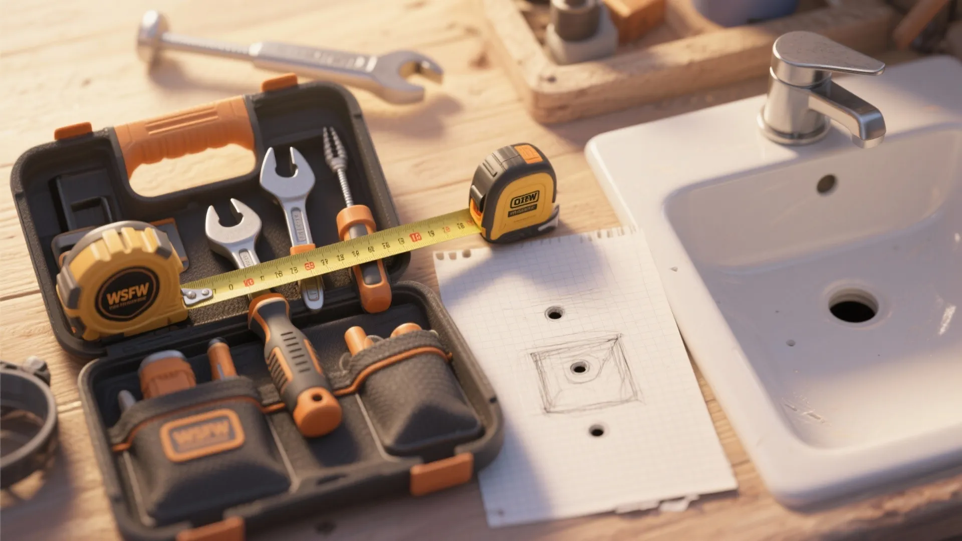 Toolbox with wrenches and measuring tape next to a sink for a diy bathroom project