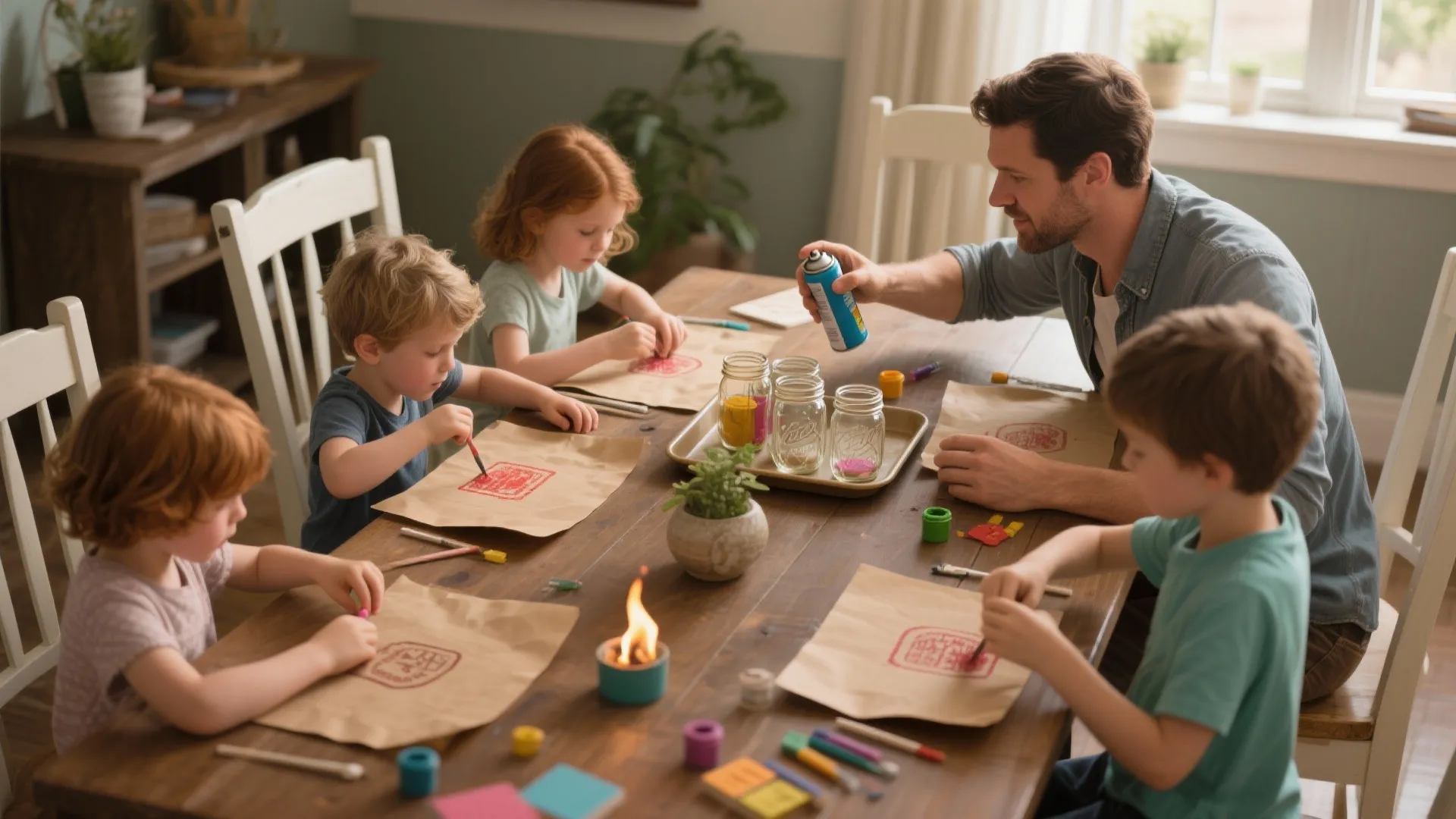Family-friendly DIY scene with kids stamping placemats and an adult arranging mason jars, highlighting safe craft practices.