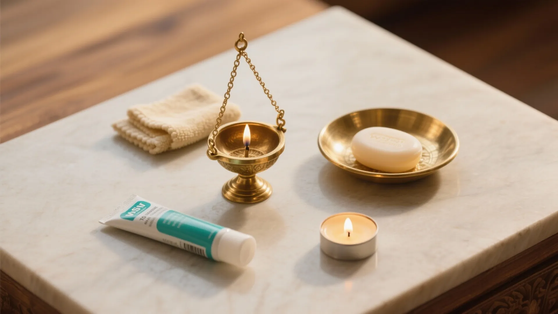 Marble table with a small brass lamp soap dish hand towel and a white candle