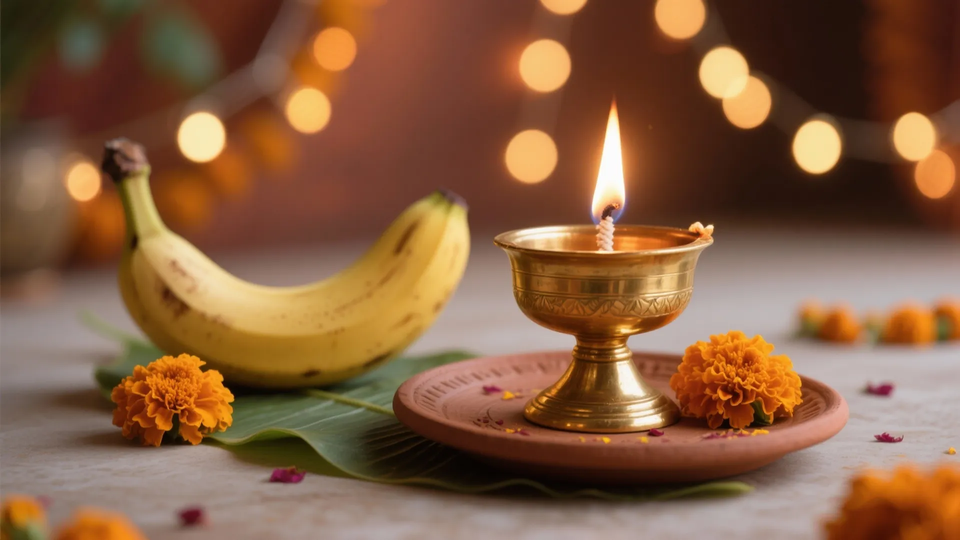 Brass oil lamp burning on clay plate with orange flowers banana and blurred background lights