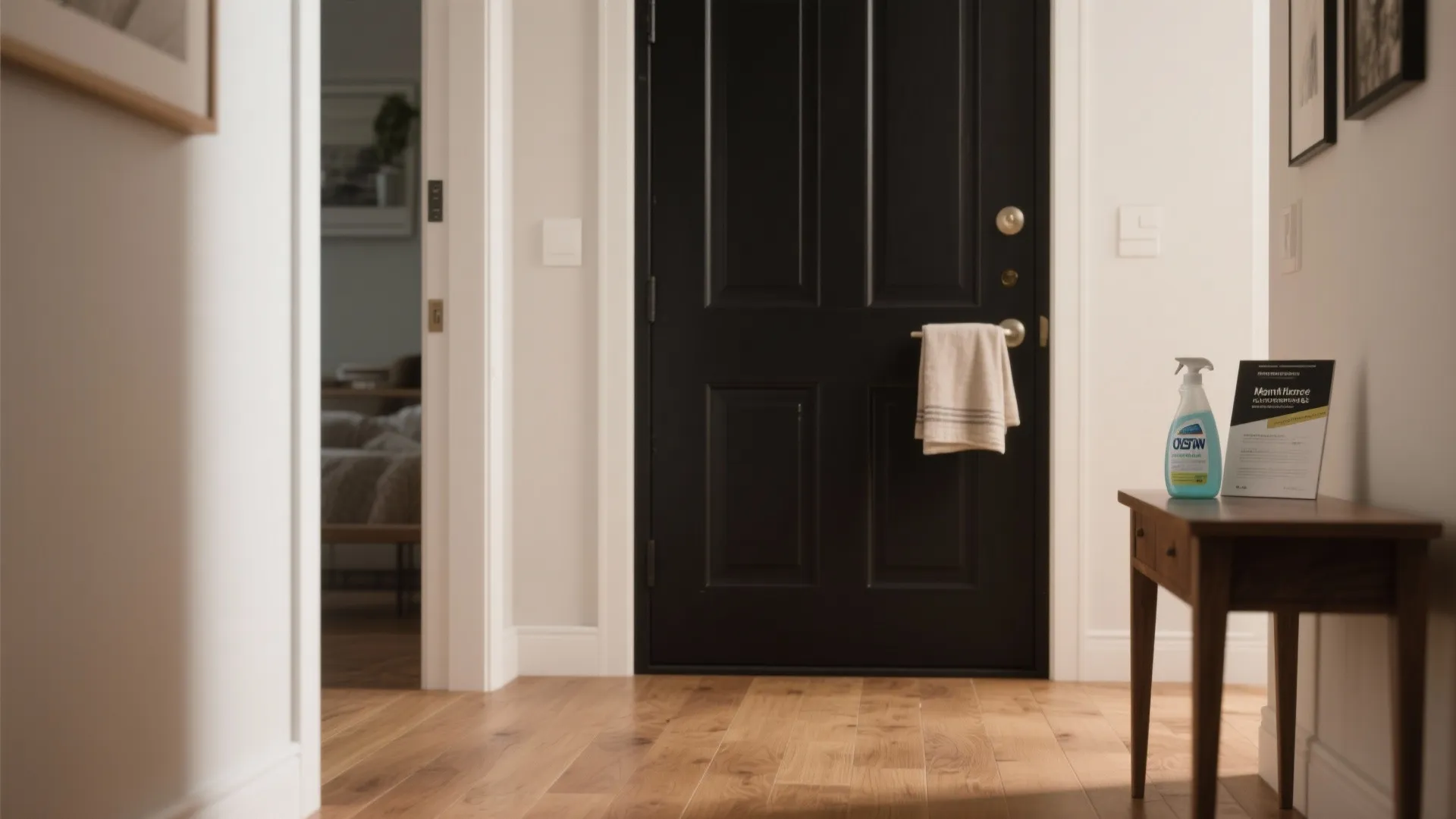 Black wooden front door with white towel on handle next to cleaning spray on table