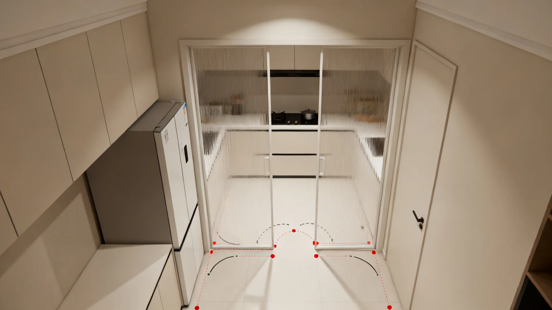 Top-down schematic showing sliding mesh and pocket door paths in a narrow corridor.