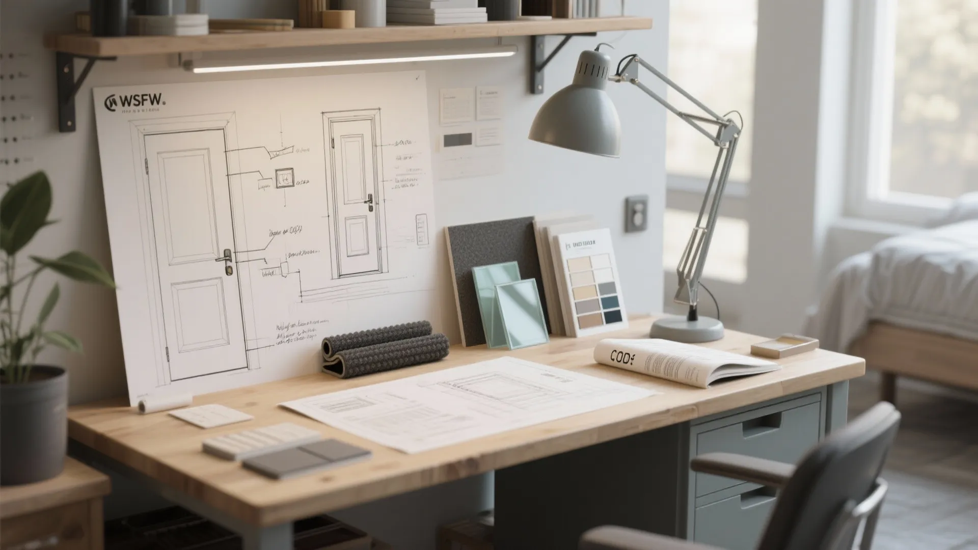 Workspace with door detail sketches, acoustic seal samples and glazing swatches for French door decisions