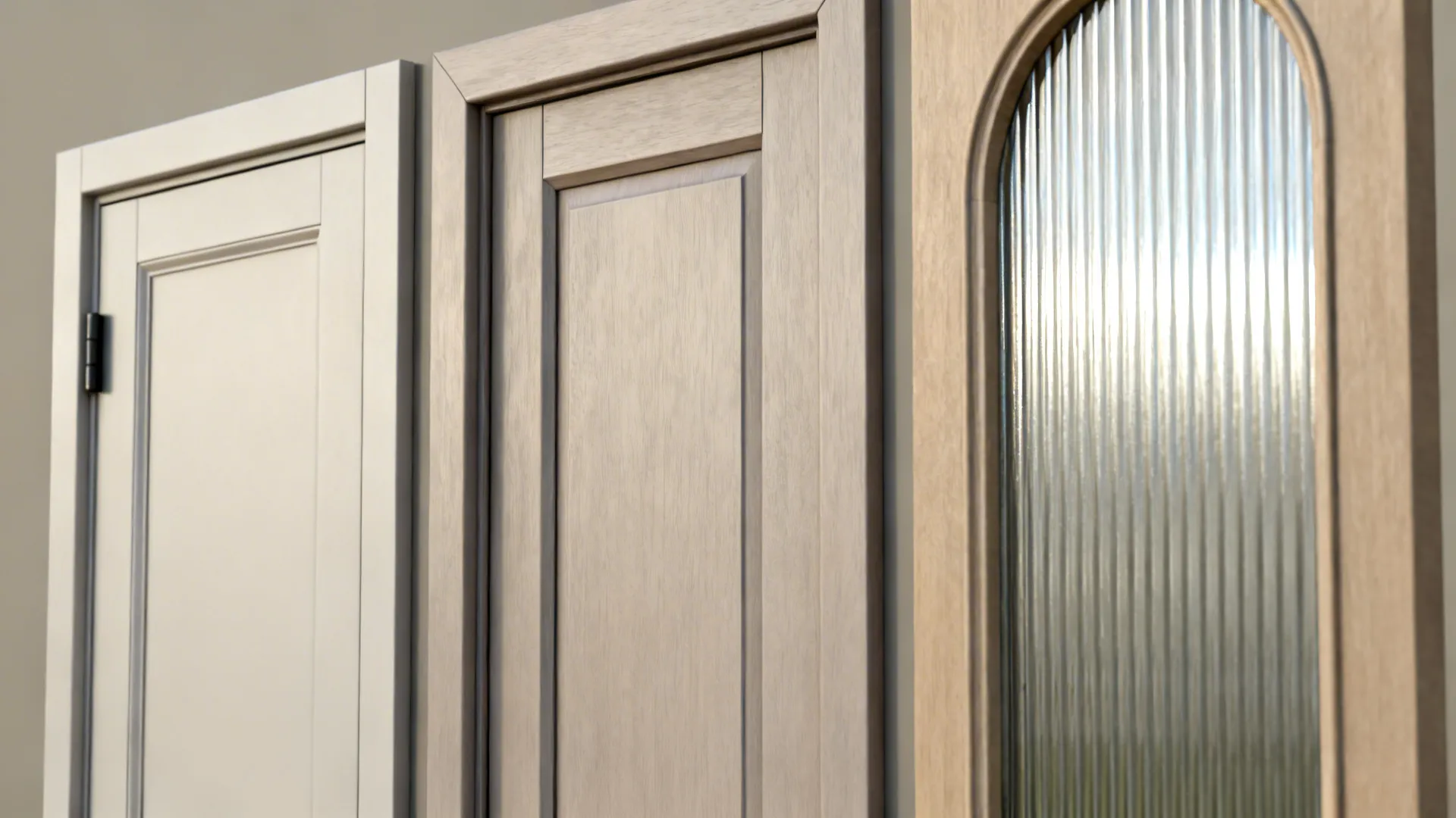 Macro collage of slab, slim shaker, and reeded glass door samples on a neutral background.