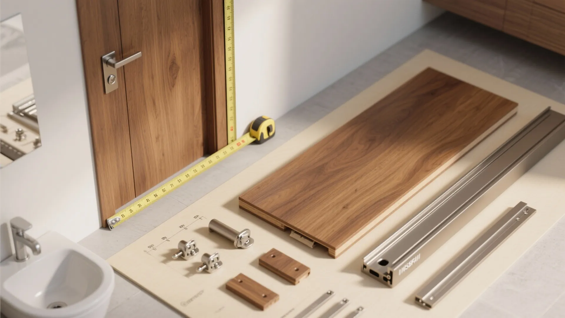 Top-down layout of door width planning with wood slab, measuring tape, hinges, and pocket track.