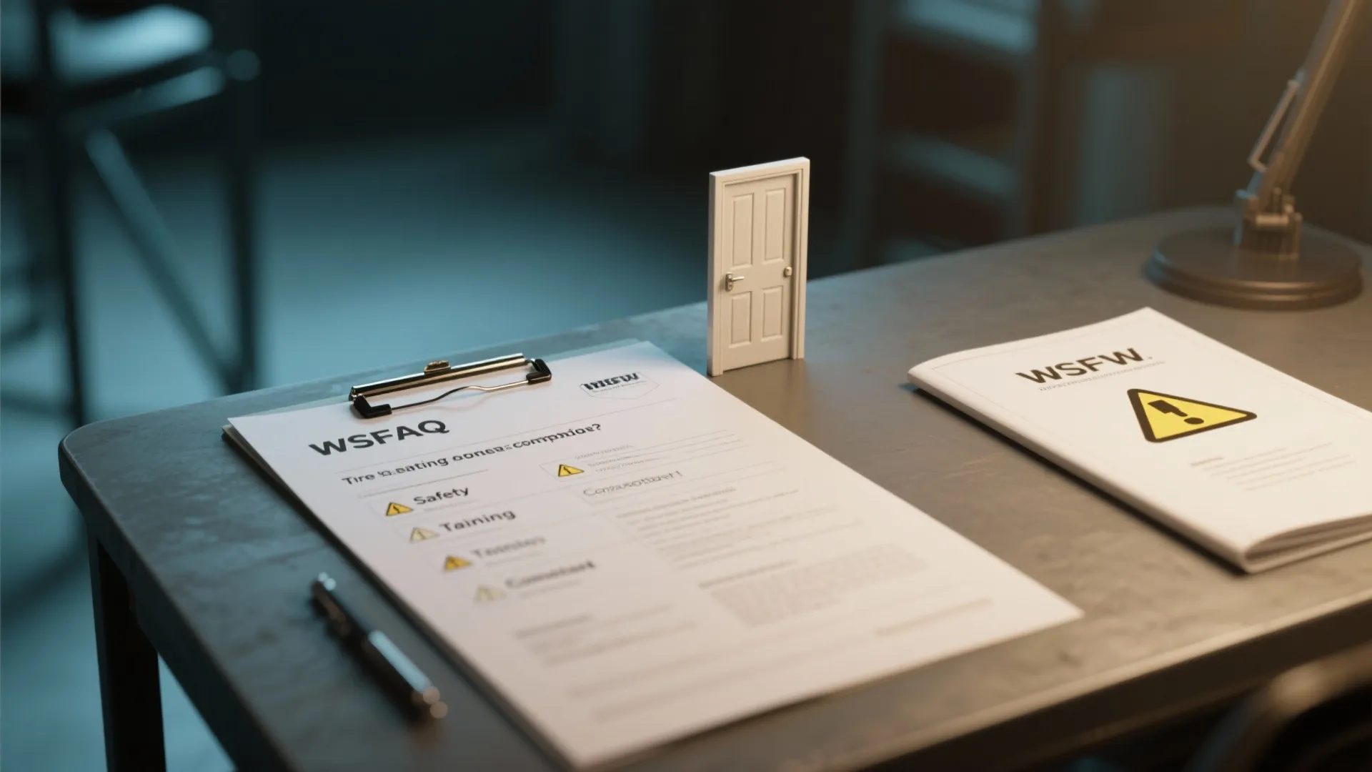 FAQ sheet and small model door on a production table emphasizing safety and compliance for prop use.