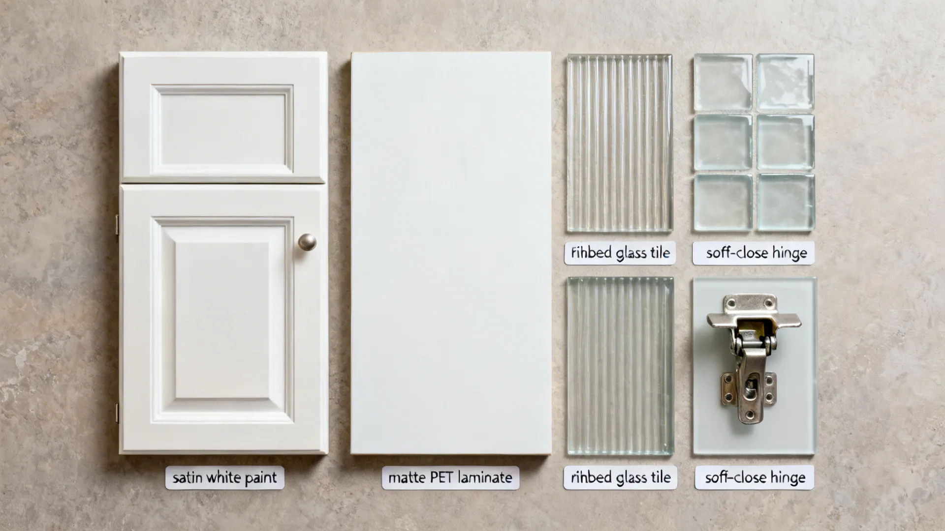 Selection of kitchen materials showing white cabinet doors glass tiles and a metal door hinge