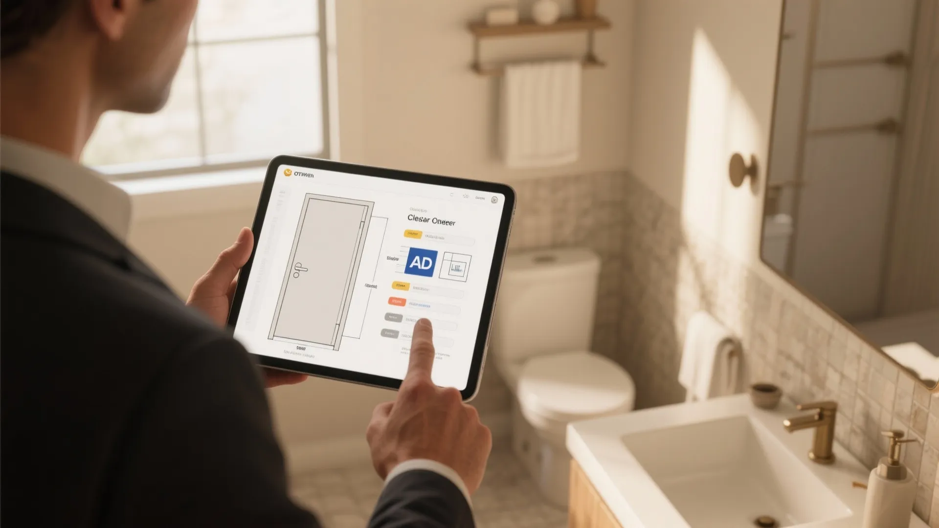 Person using a tablet to show a door design layout inside a bright modern bathroom