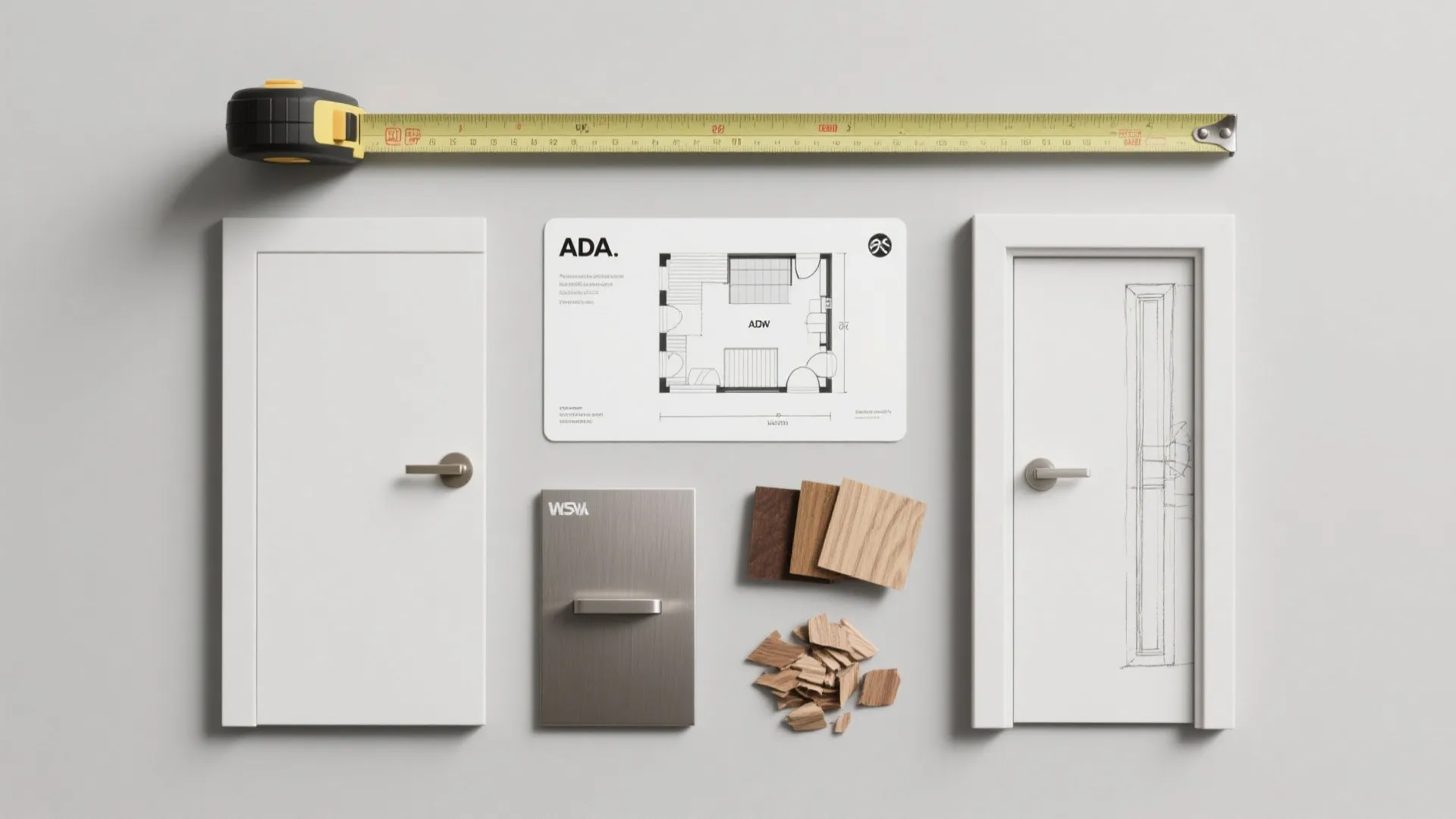 Door design planning collection featuring small door models a tape measure and a floor plan