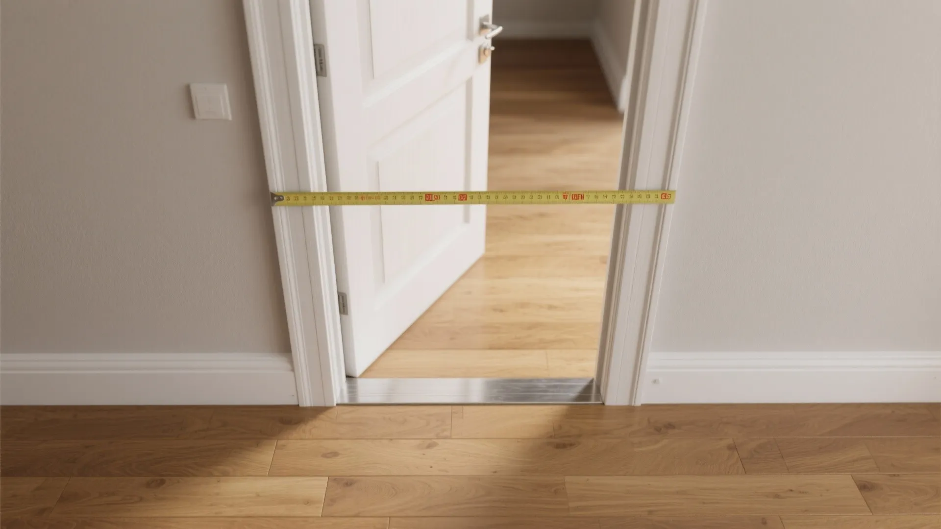 Yellow measuring tape across open white door frame showing the width of a wooden floor