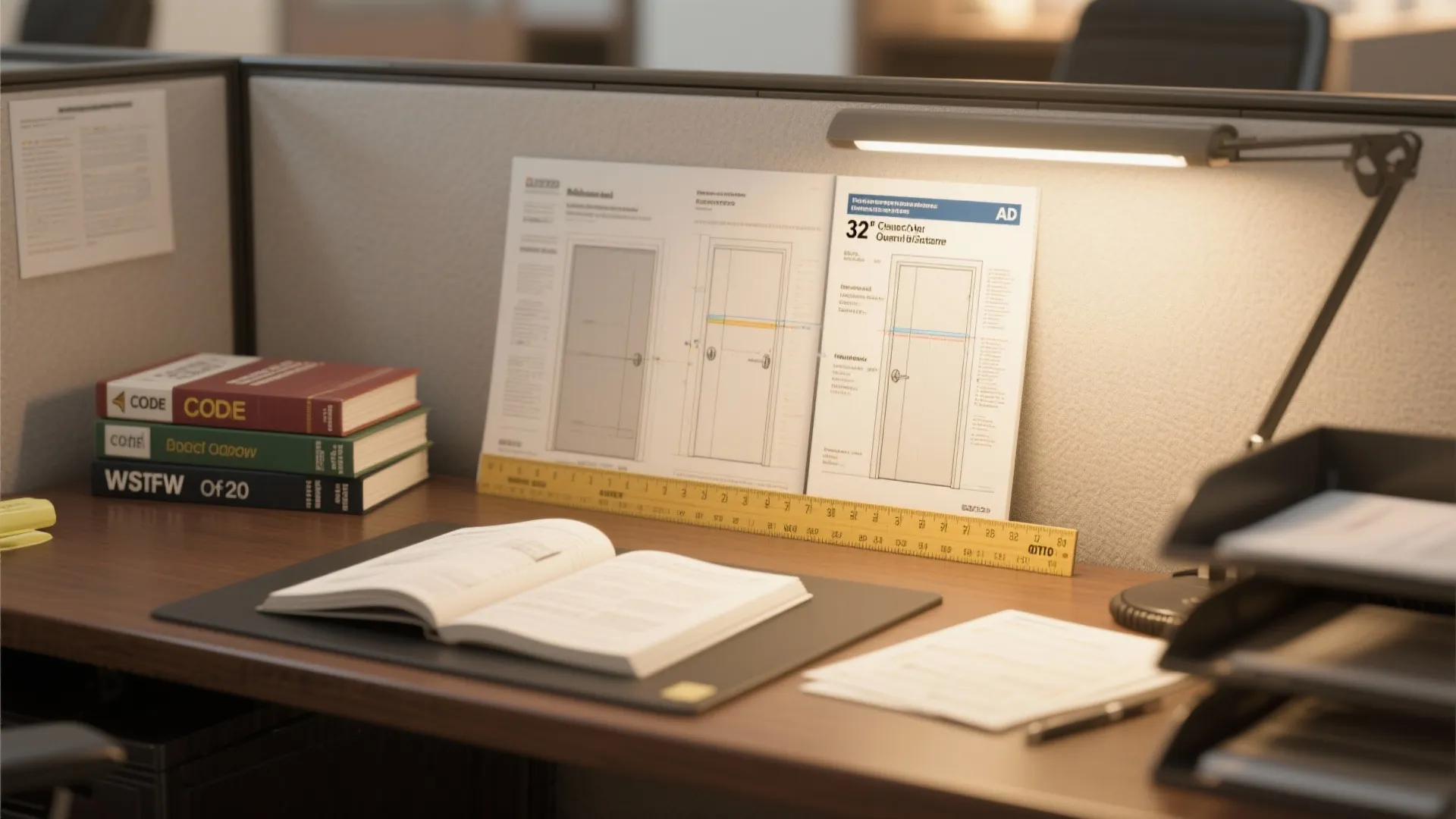 Desk scene with building code book and ADA guidelines open to door width diagrams and measuring tools.