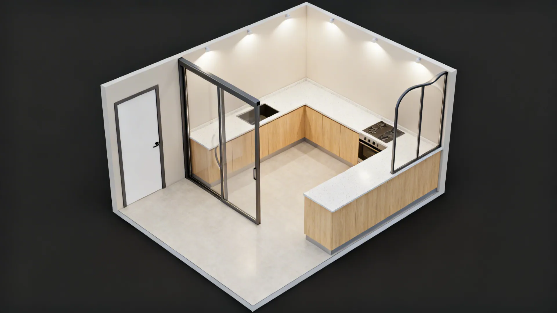 Top-down layout comparing swing, sliding, and pocket aluminium door workflows in a compact kitchen.