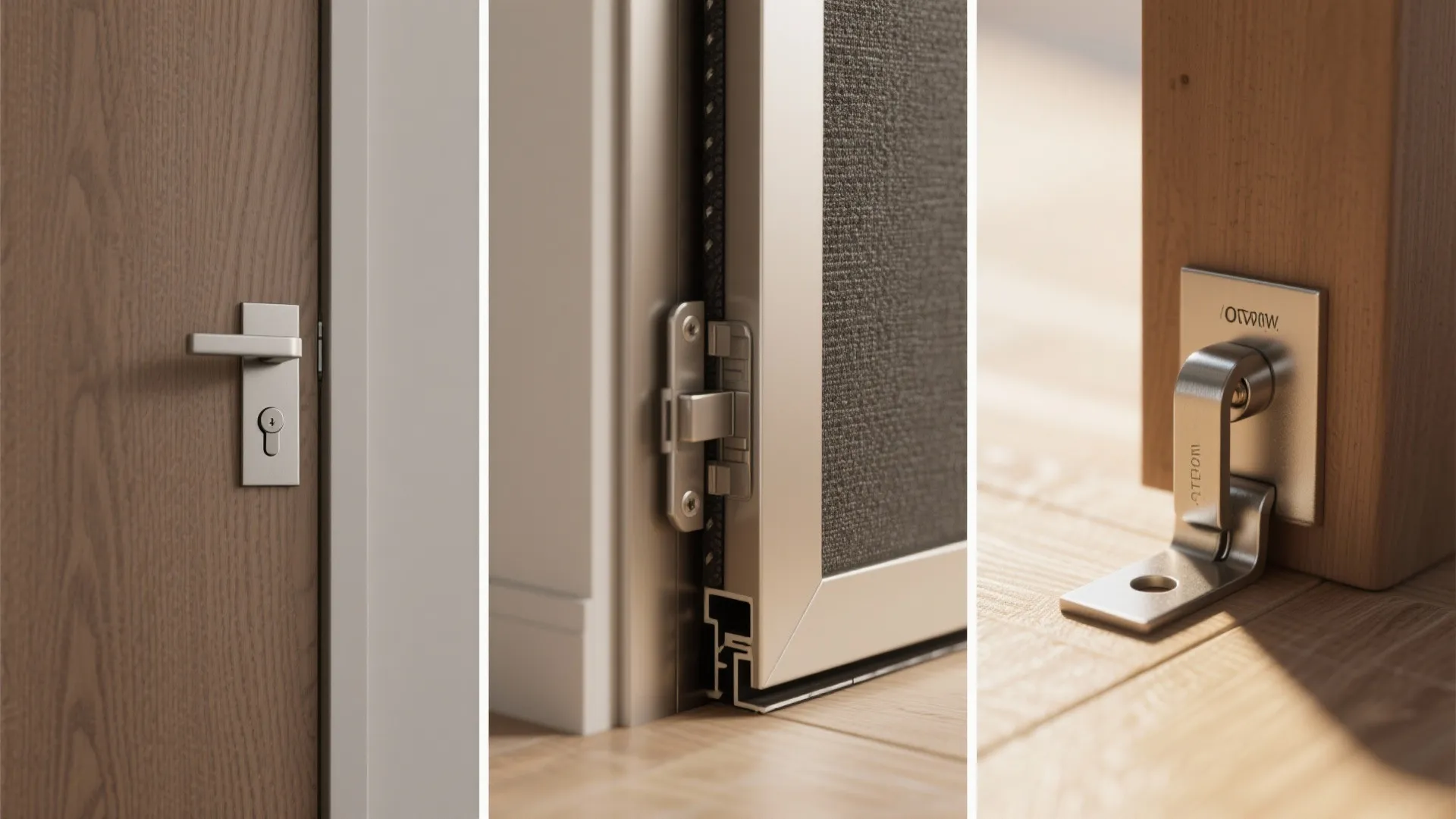 Three hardware vignettes: pocket door hardware, sliding door gasket edge, and pivot anchor detail.