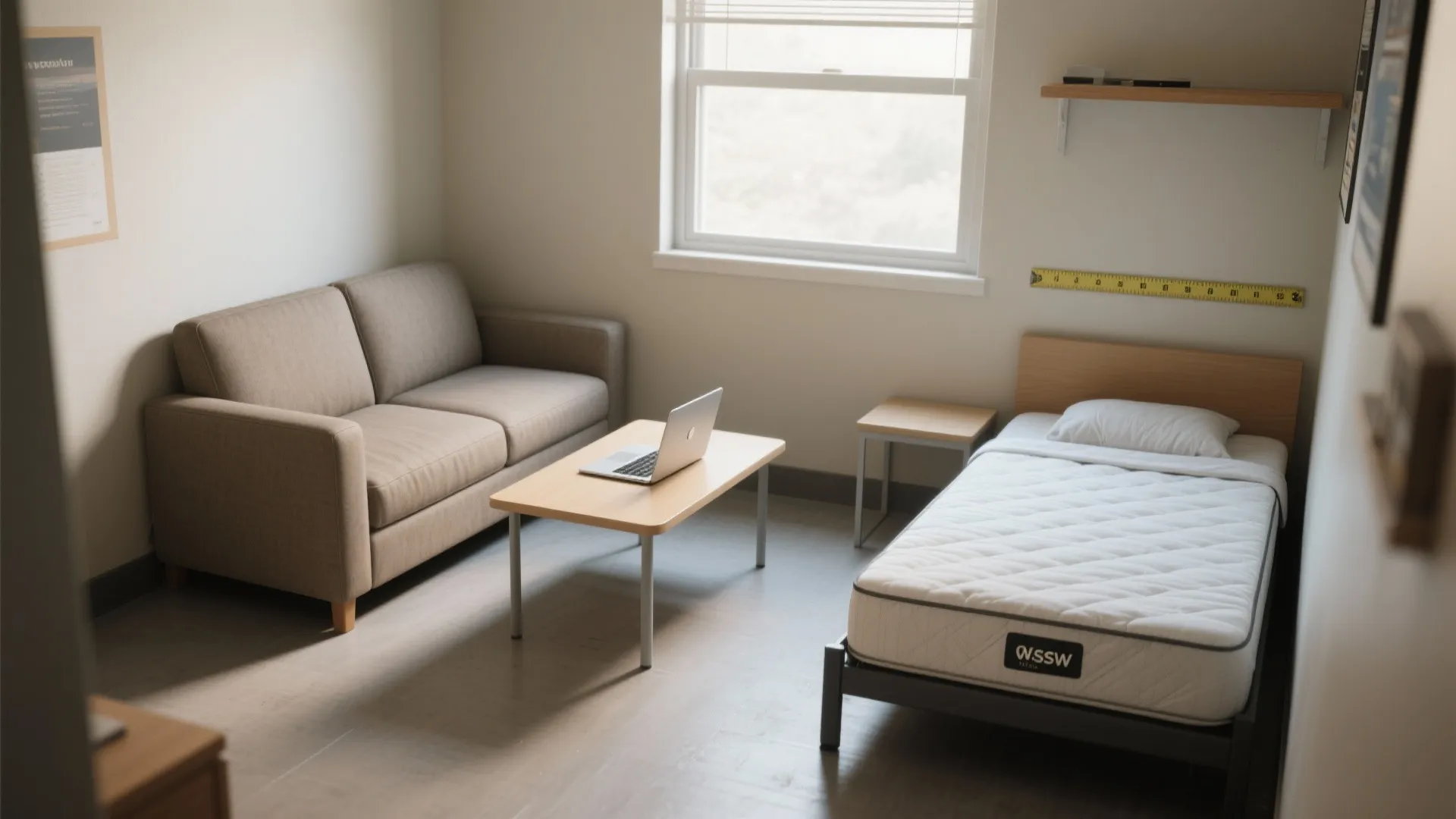 Dorm layout example showing a compact two-seater sofa, lap table and clear sightlines for FAQ guidance
