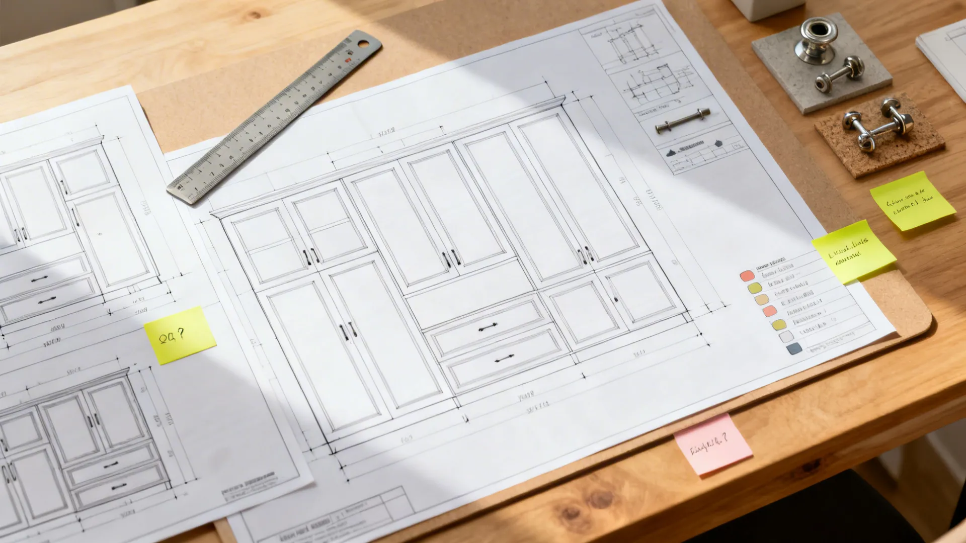 Top-down view of a drafting board with elevation prints, ruler, and hardware samples.