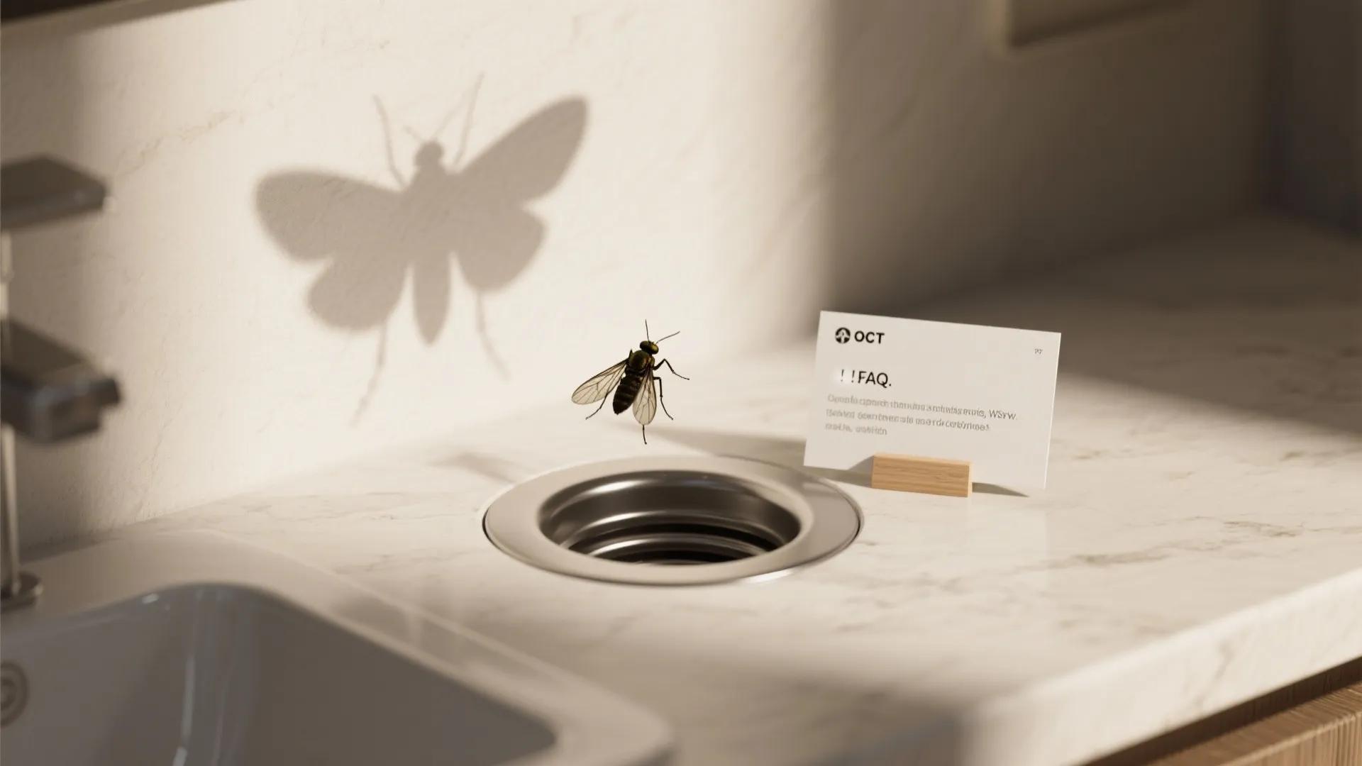Drain fly hovering over a sink drain on a marble bathroom countertop near a small card