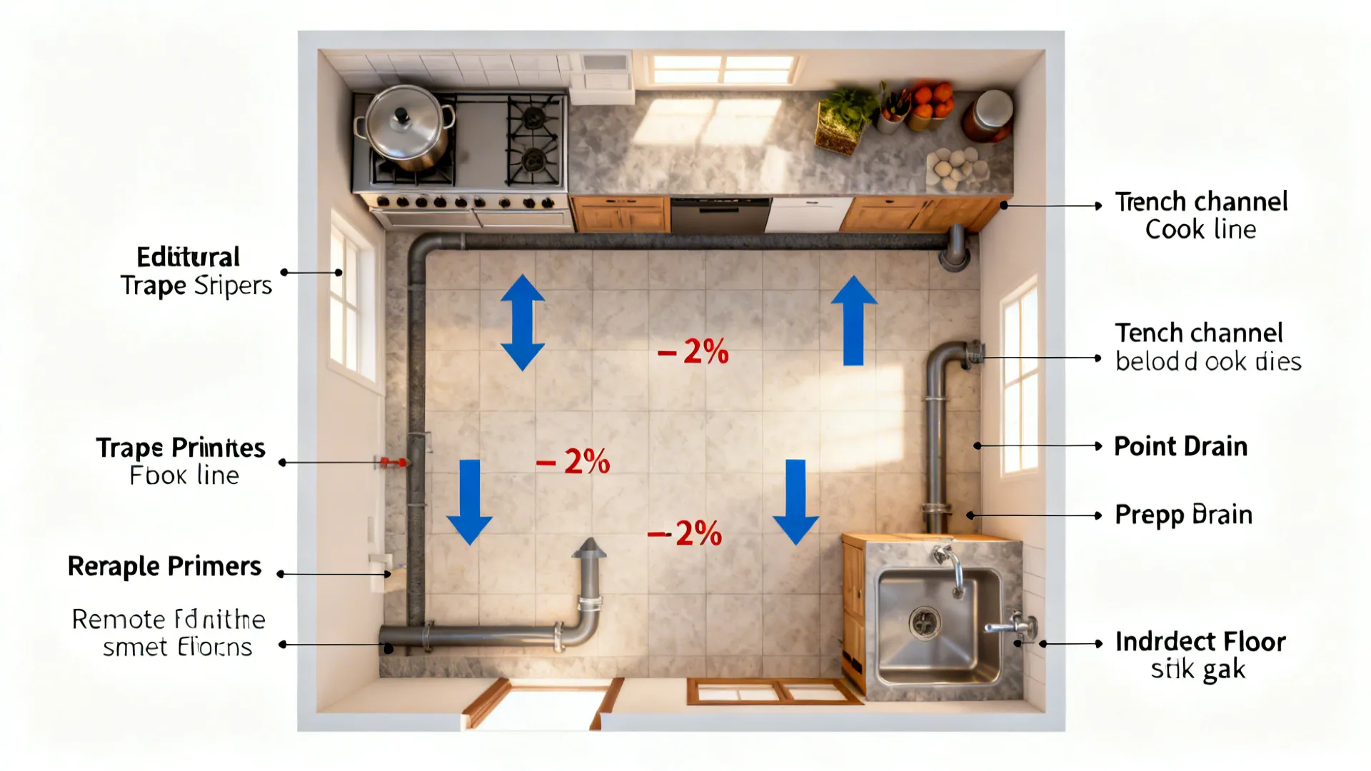 Top-down overview of a small kitchen showing slopes to drains, trap primers, trench channels, and an air-gap floor sink.