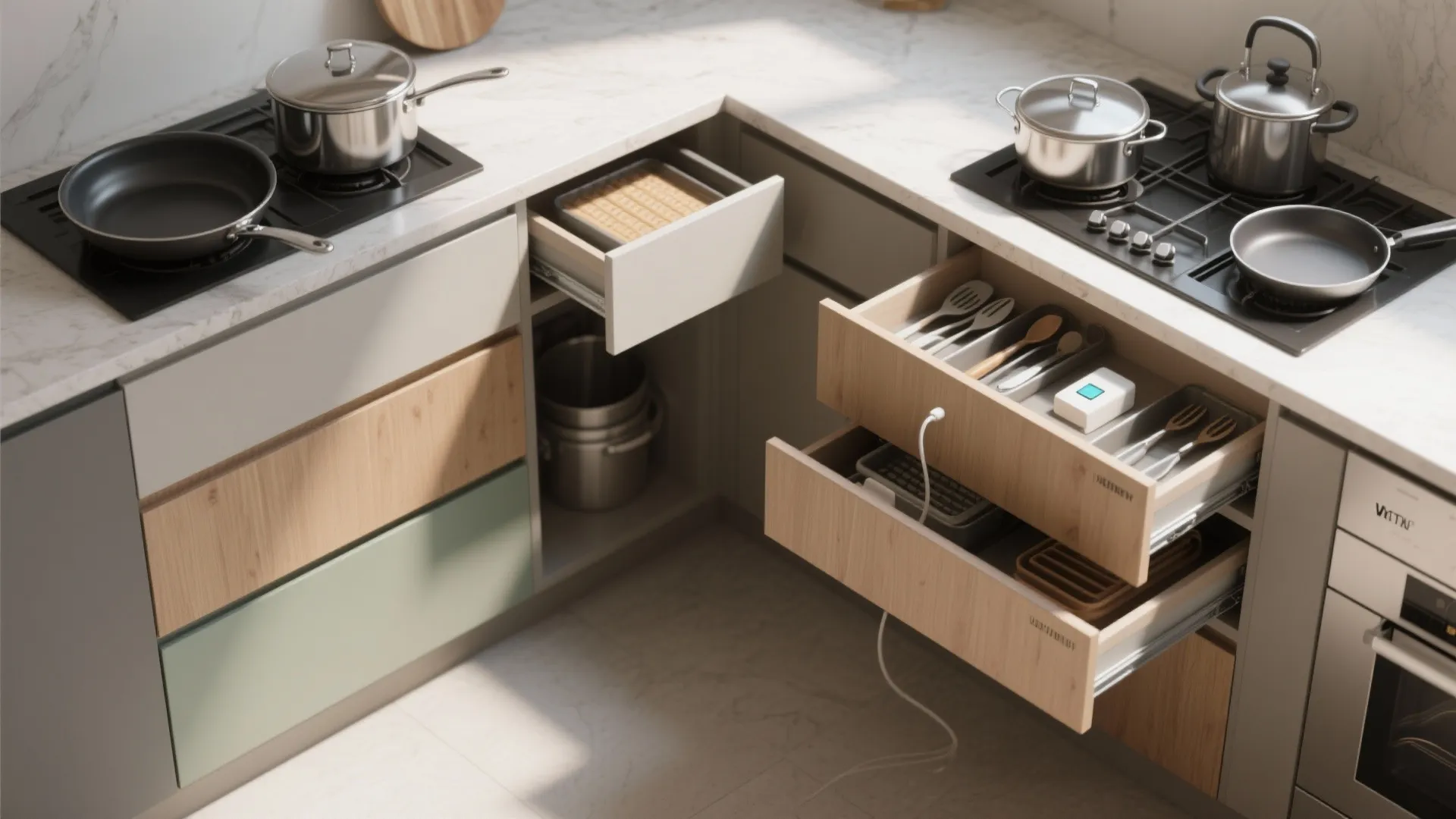 Top-down view of a kitchen work area showing color-blocked drawer zones for pots, pans, trays, charging and corner storage.