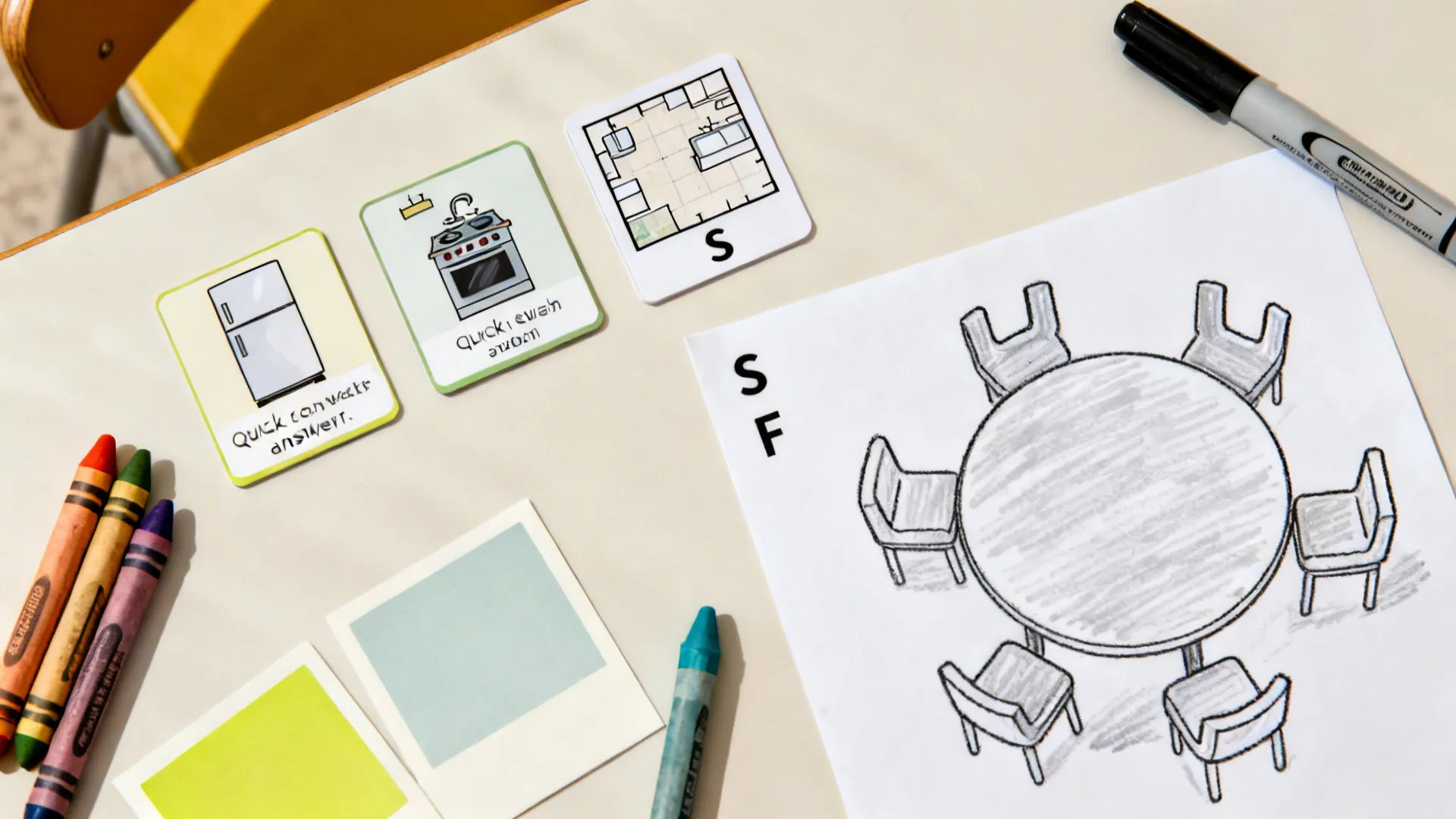 Top-down cards showing simple kitchen drawing steps, a mini plan, a round table, and two-tone colors.