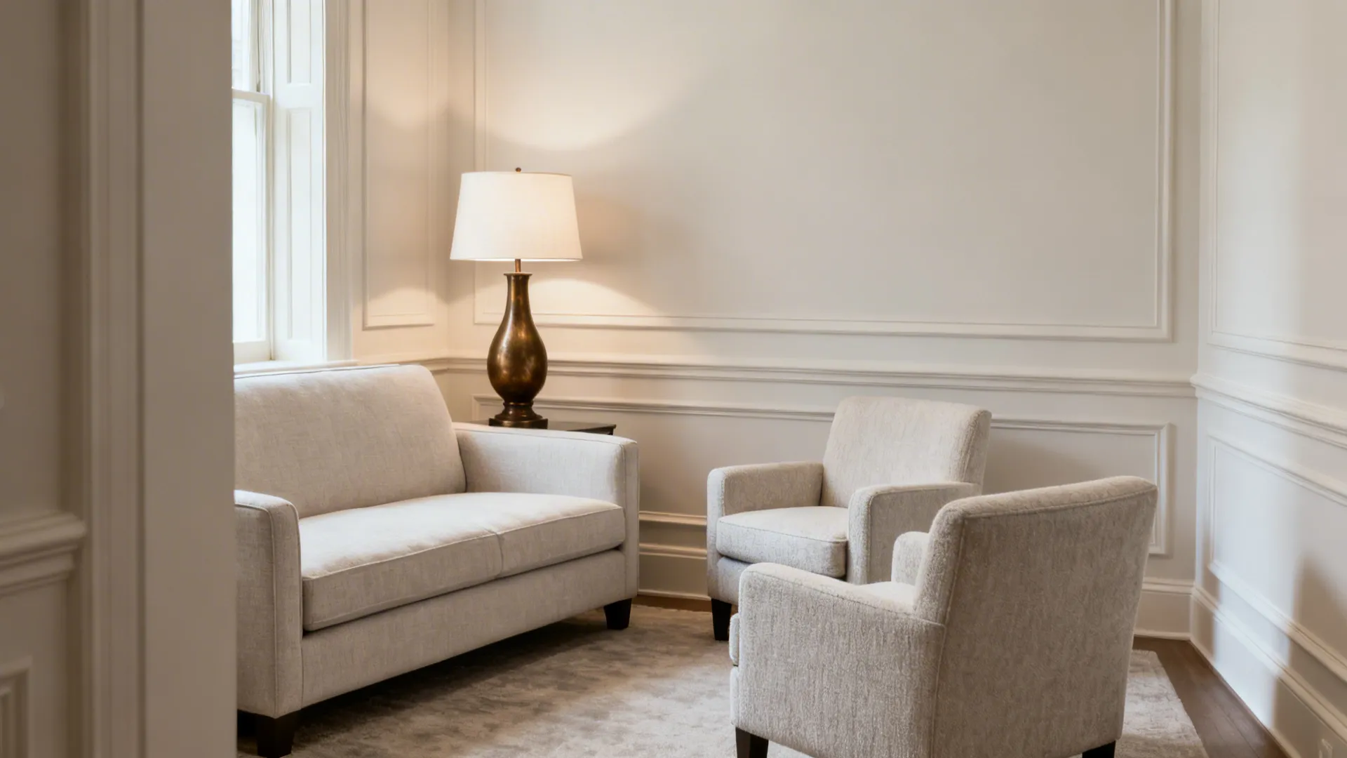 Compact living room with a conversation circle, layered lighting, and tonal palette with a dark accent.
