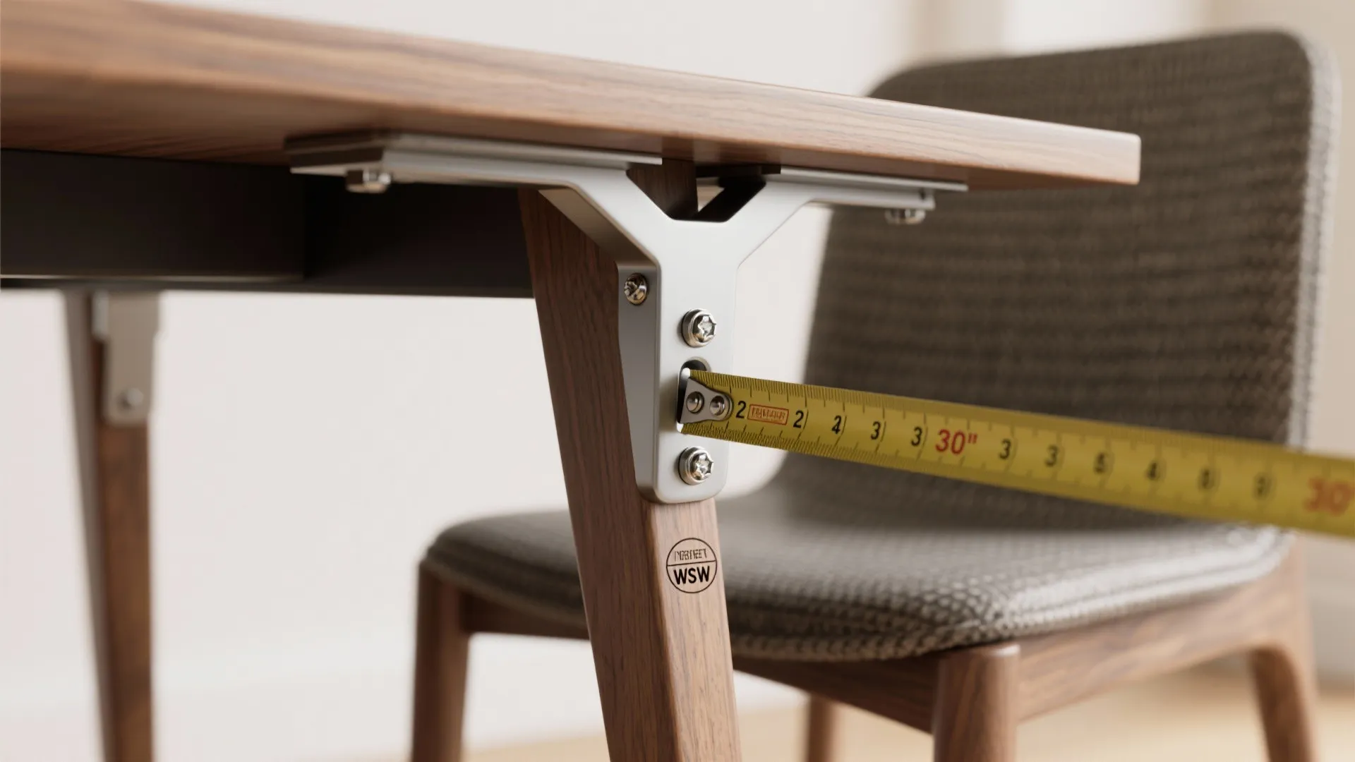 Close up of a wooden table leg being measured with a yellow metal tape measure
