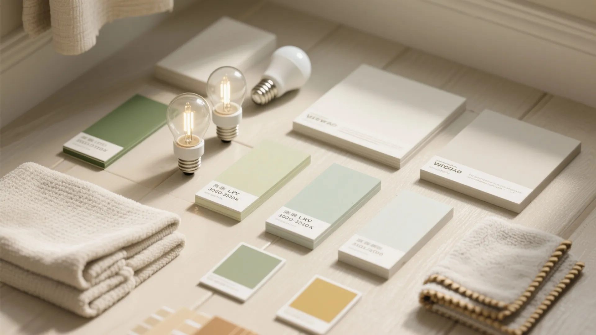 Interior design mood board with green color swatches, light bulbs, and towels on wooden floor