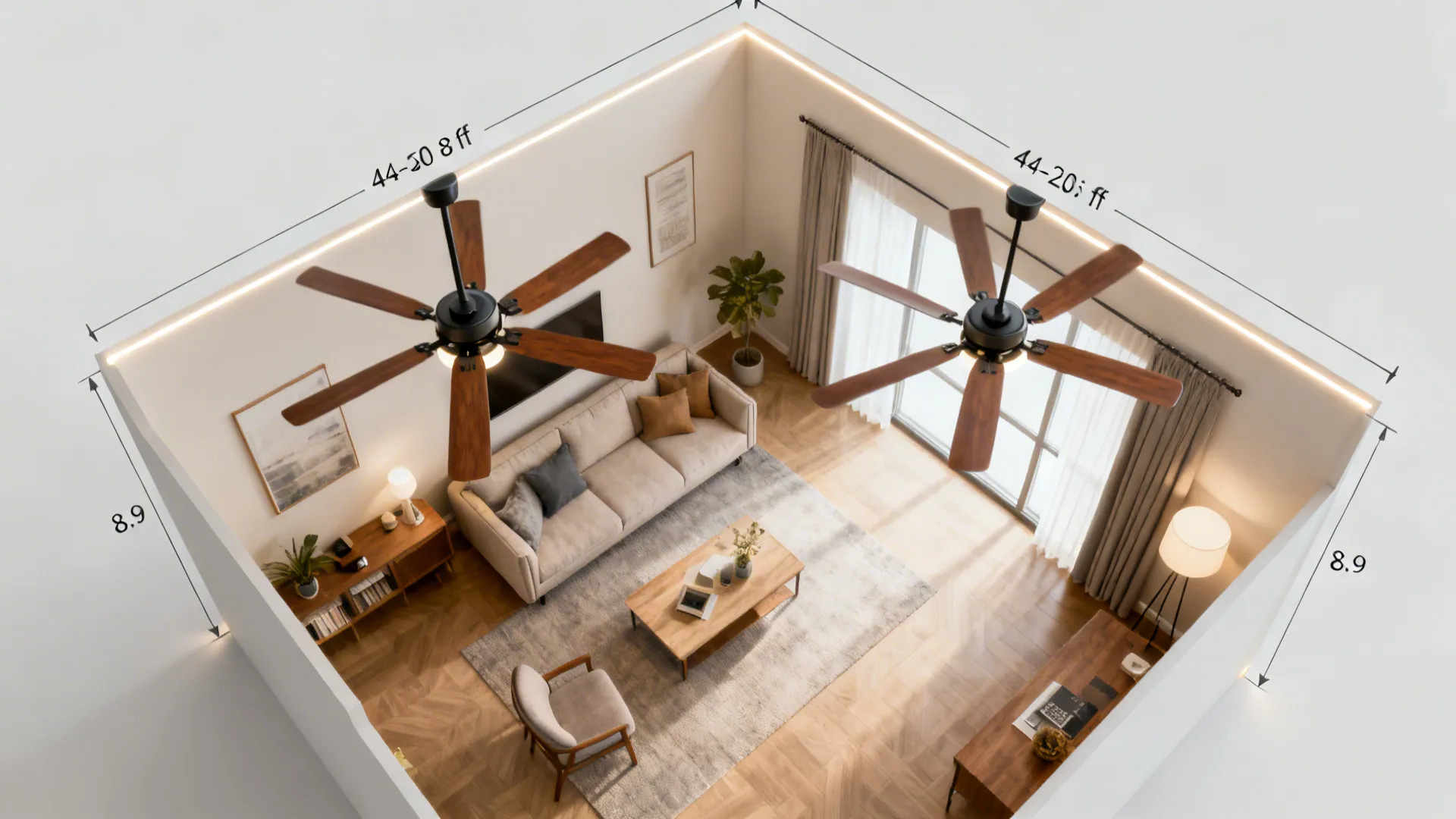 Top view guide for two ceiling fans showing spacing, height, and lighting strategy.