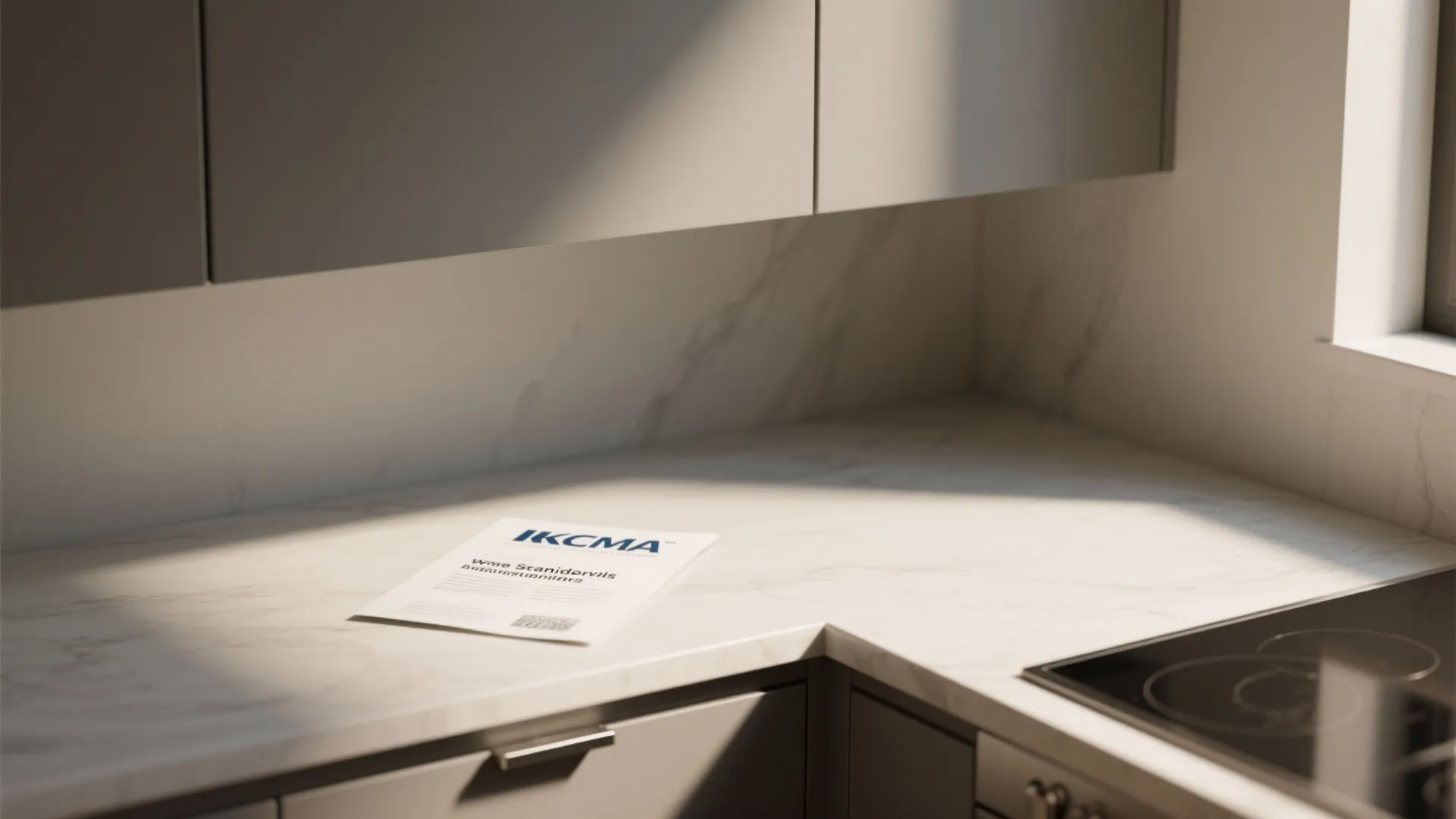 Kitchen countertop with certificate paper showing quality and durability under bright natural sunlight through windows