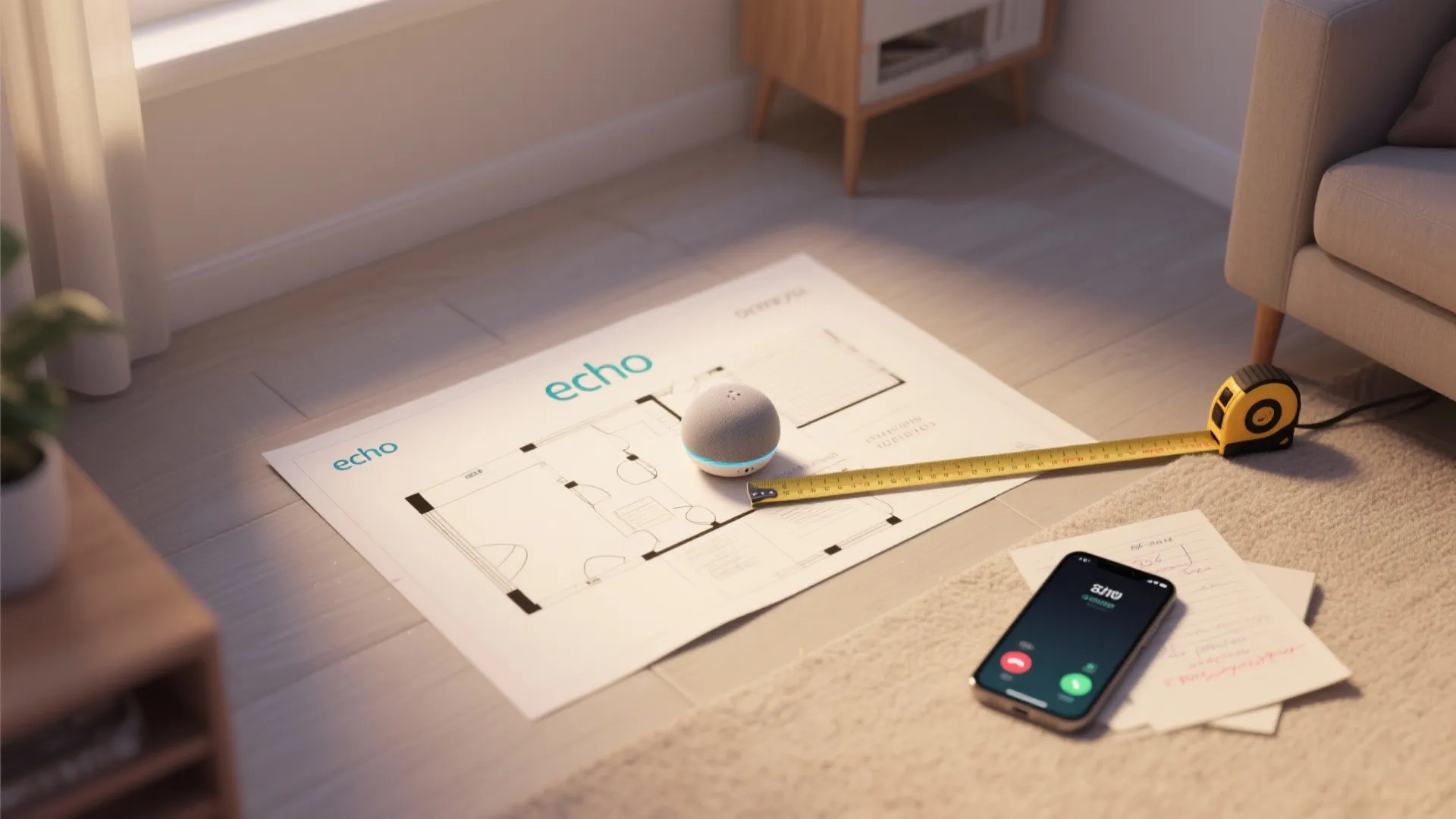 Top-down view of a planning layout for Echo Dot placement with a model Dot, measuring tape, and notes testing voice pickup.
