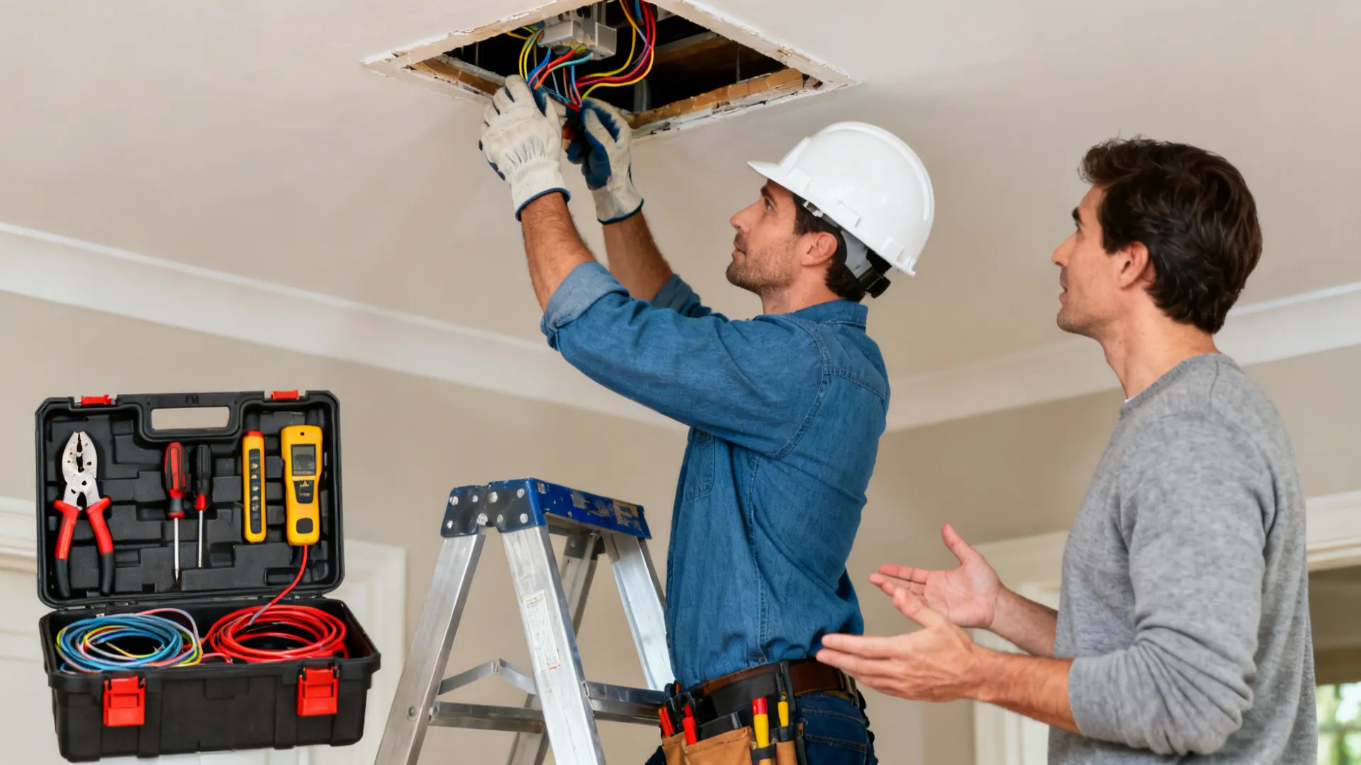 Licensed electrician demonstrating safe ceiling wiring and discussing options with homeowner