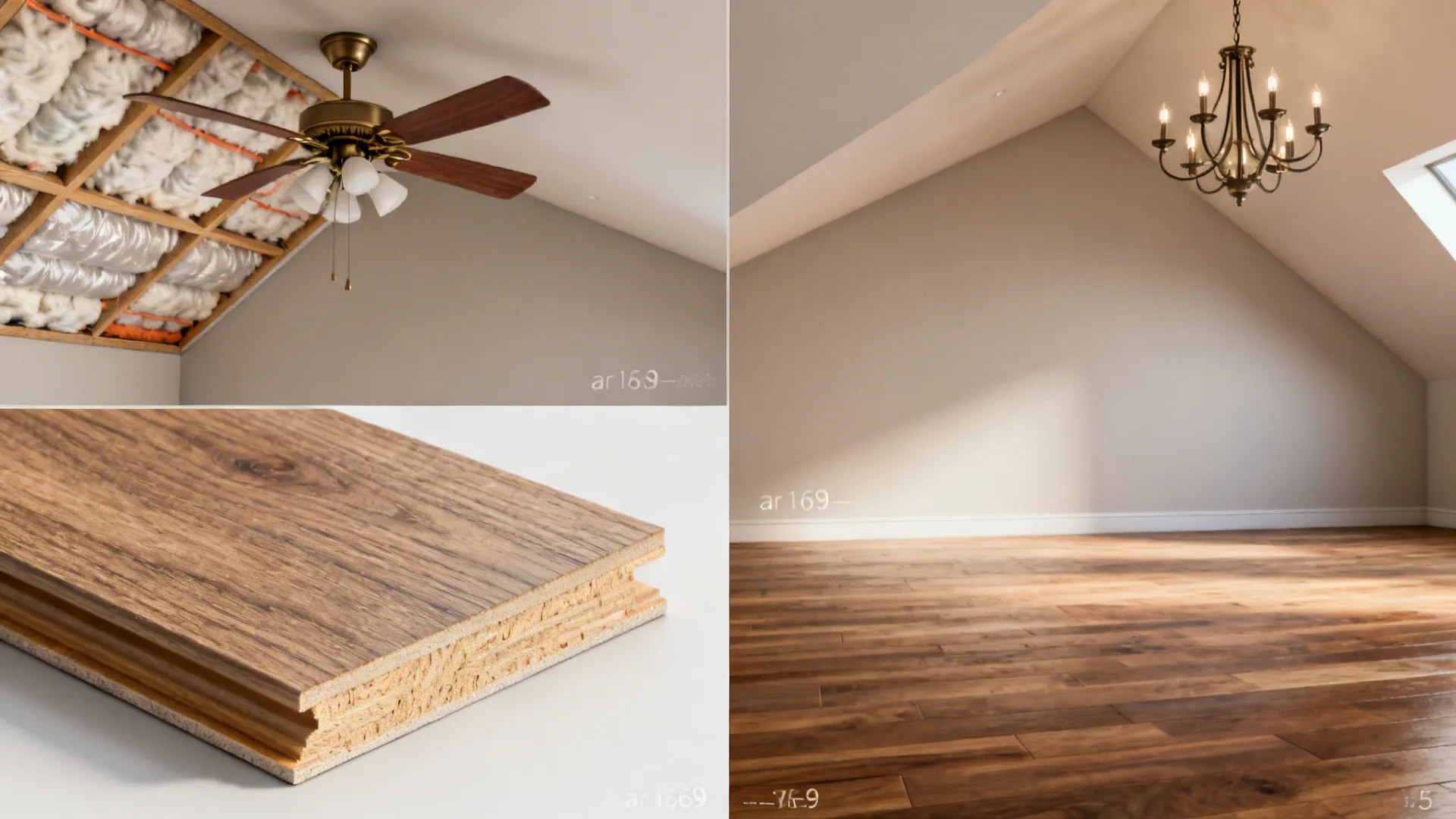 Collage of practical elements for half‑vaulted rooms: insulation, ceiling fan, chandelier placement, and continuous flooring.