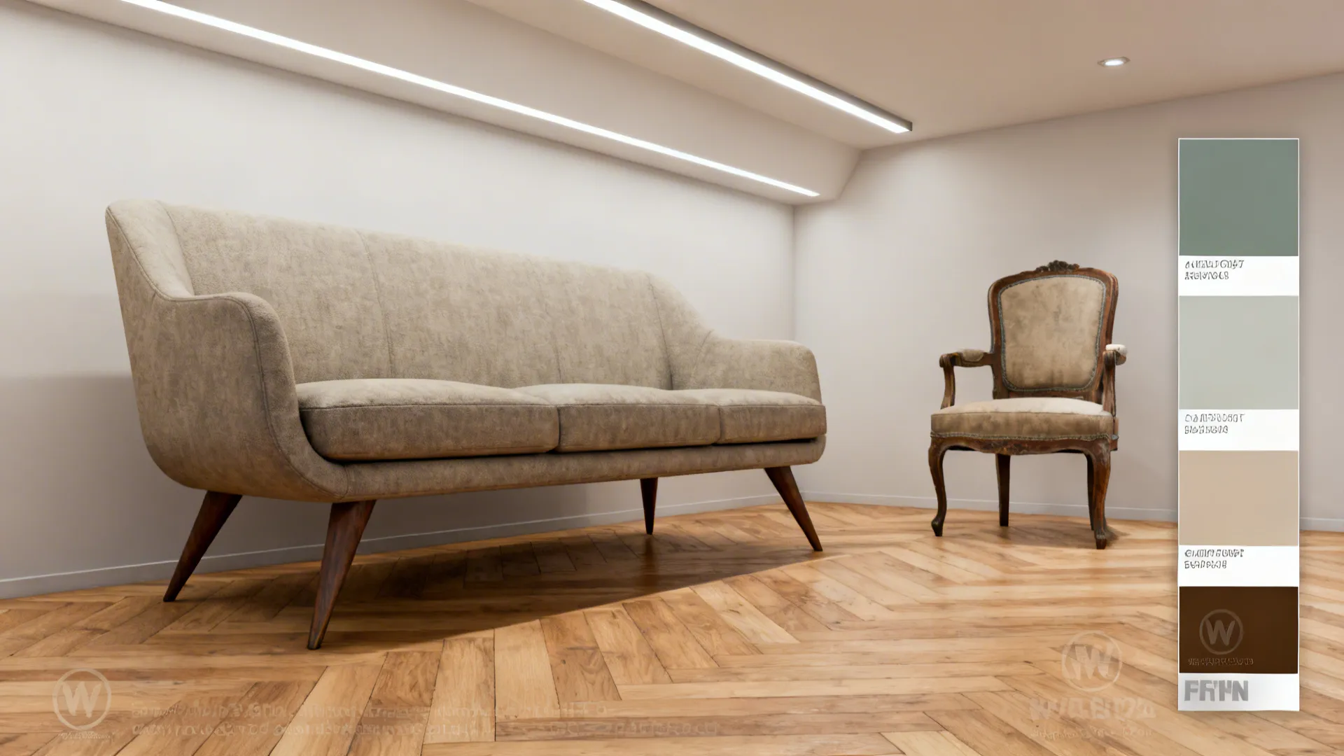 Collage of modern interior elements including leggy sofa, hardwood flooring, and recessed lighting