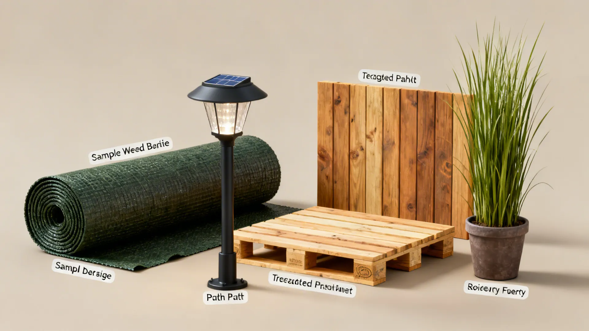 Collage of weed barrier fabric, solar light, treated pallet wood, and potted tall grass for small-yard tips.